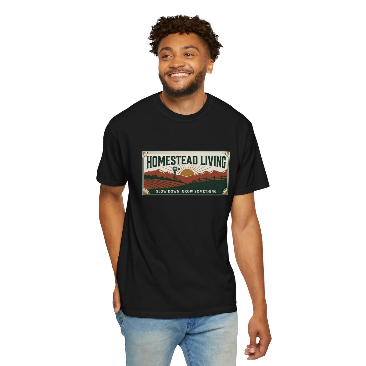 Homestead Living T-Shirt — 'Slow Down, Grow Something' Rustic Farm Tee