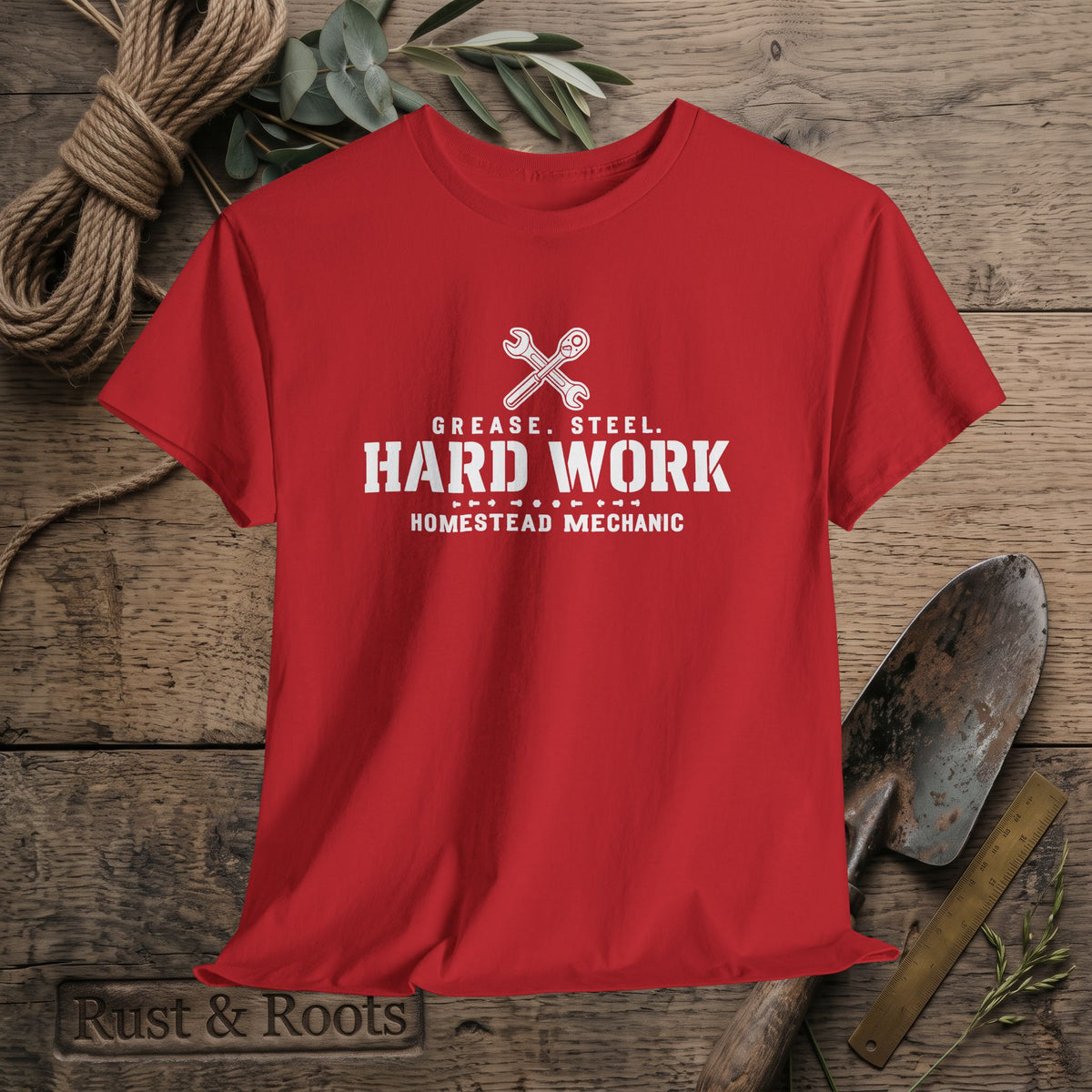 Hard Work Homestead Mechanic T‑Shirt — Grease, Steel Vintage Wrench Tee