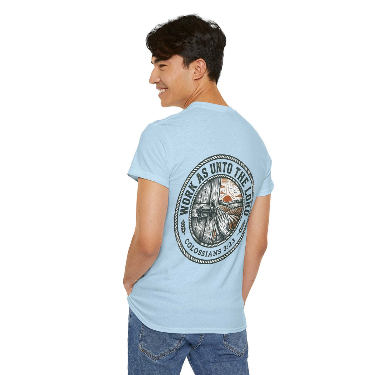 T-Shirt — “Work As Unto The Lord” Christian Faith Tee (Colossians 3:23)