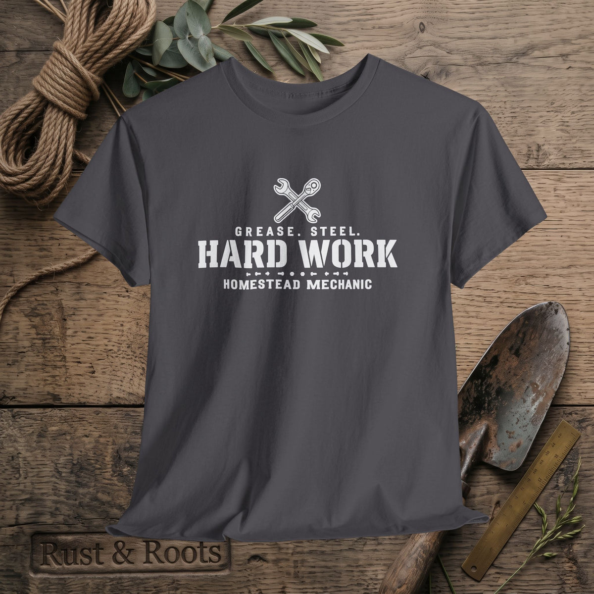 Hard Work Homestead Mechanic T‑Shirt — Grease, Steel Vintage Wrench Tee