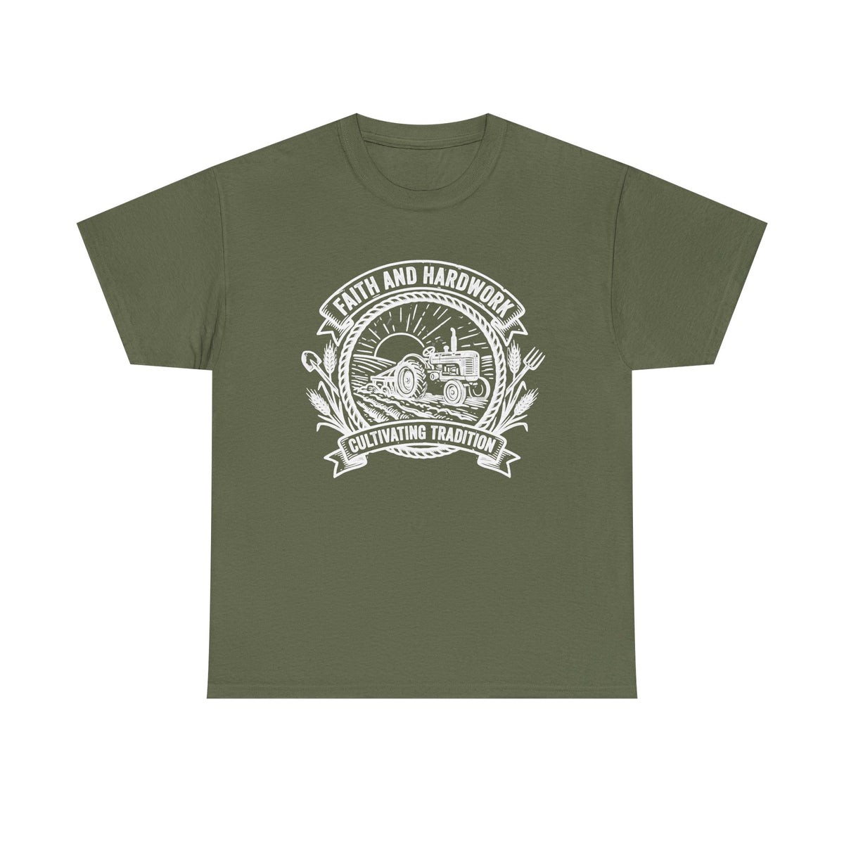 Tractor Farm Tee — "Faith and Hardwork, Cultivating Tradition" Vintage Farm Crew Shirt