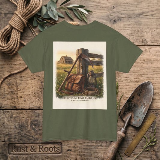 Farm Tools Graphic Tee — "The Tools That Built Us" Vintage Rural Shirt
