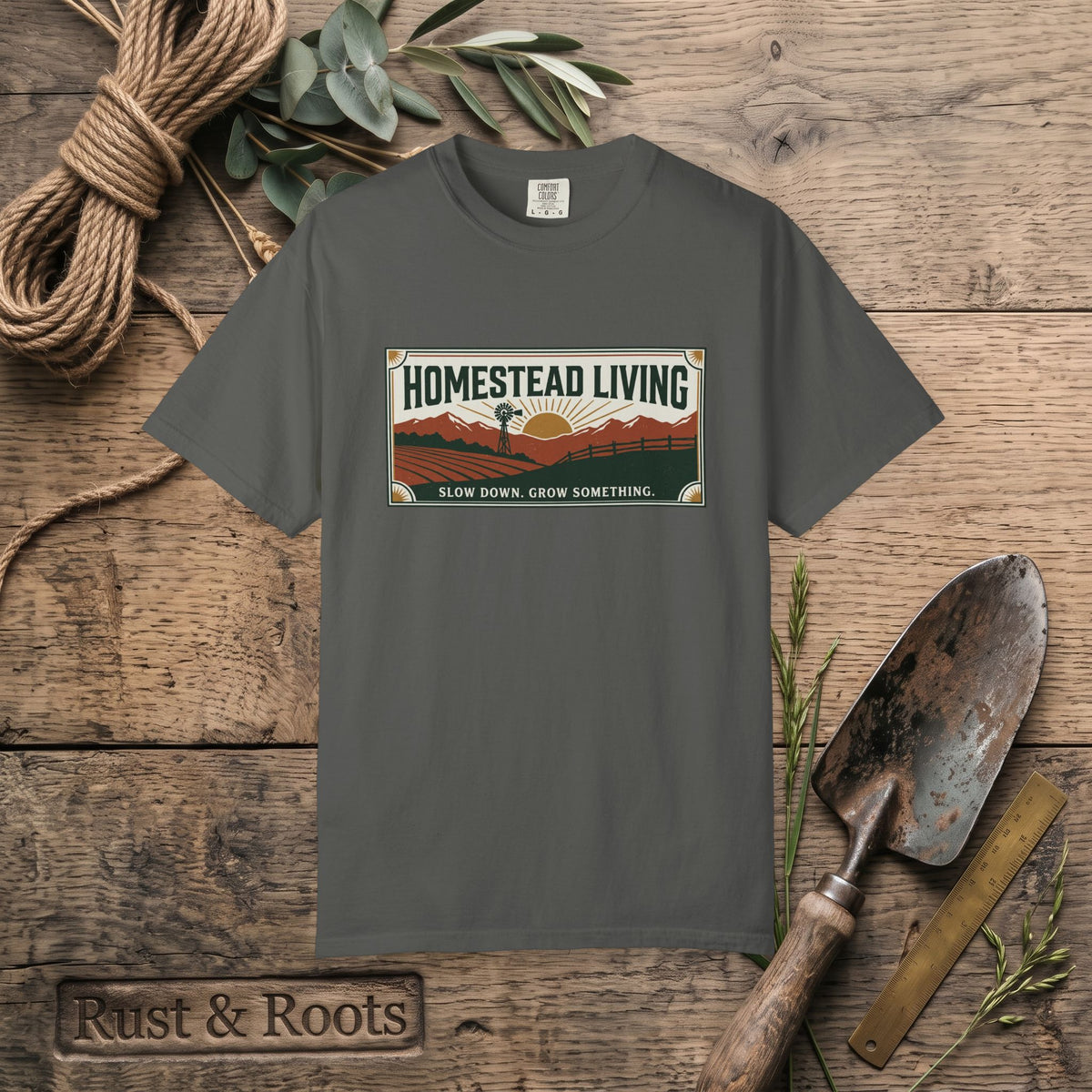 Homestead Living T-Shirt — 'Slow Down, Grow Something' Rustic Farm Tee