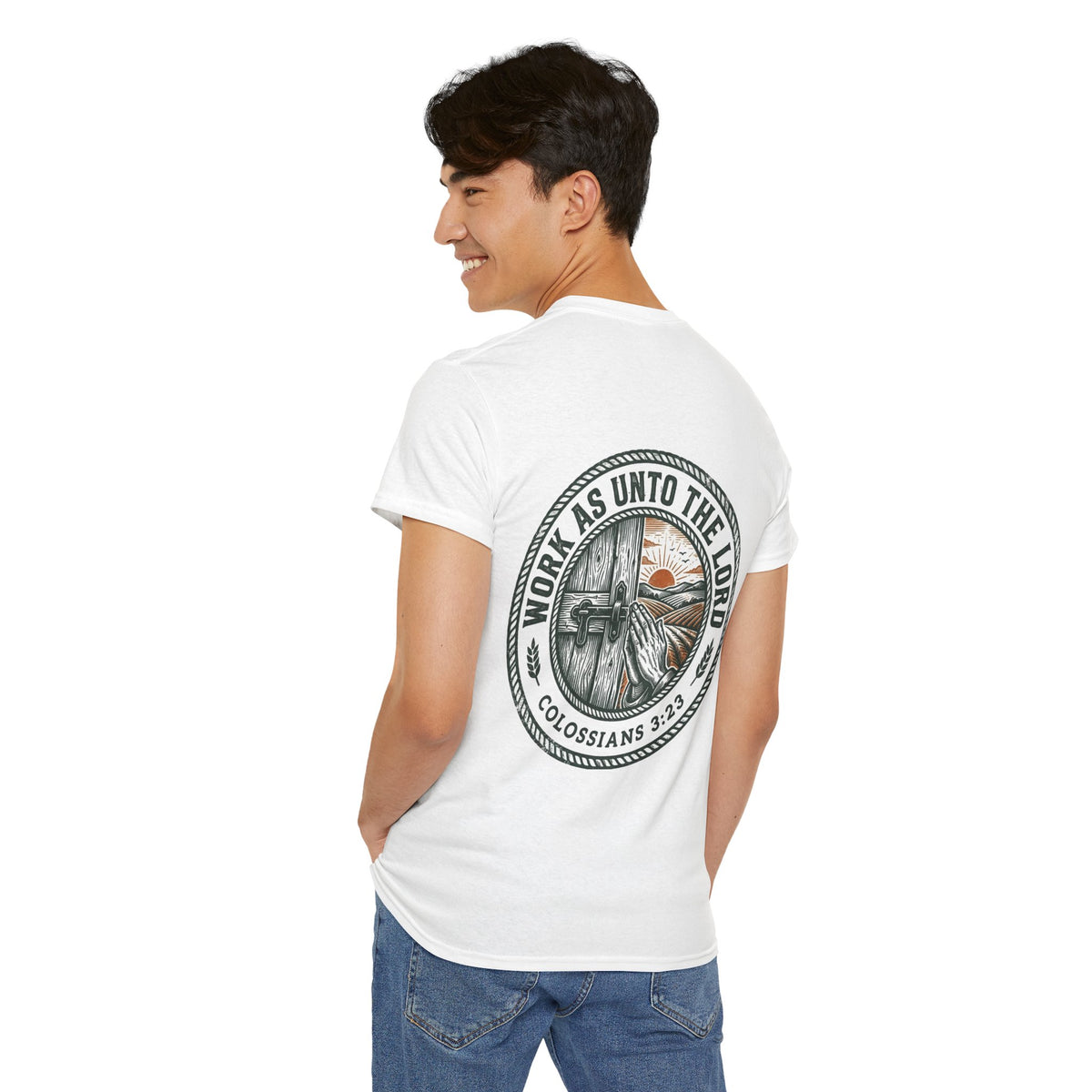 T-Shirt — “Work As Unto The Lord” Christian Faith Tee (Colossians 3:23)