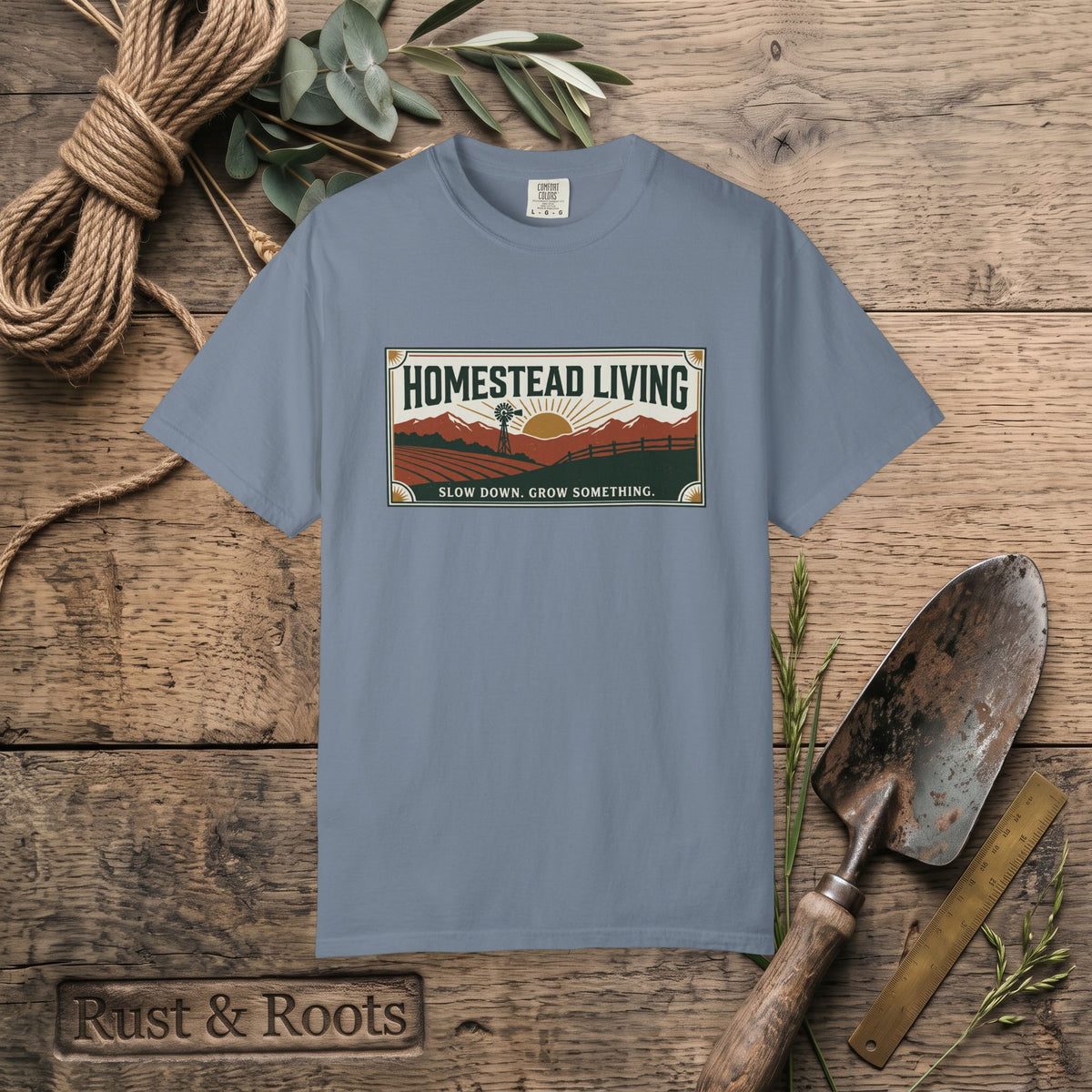 Homestead Living T-Shirt — 'Slow Down, Grow Something' Rustic Farm Tee