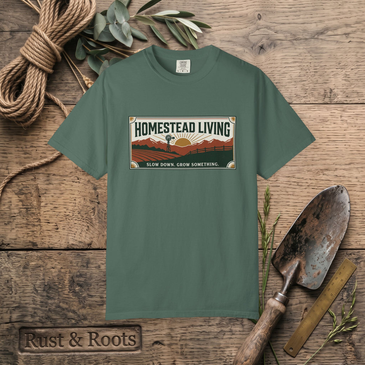 Homestead Living T-Shirt — 'Slow Down, Grow Something' Rustic Farm Tee