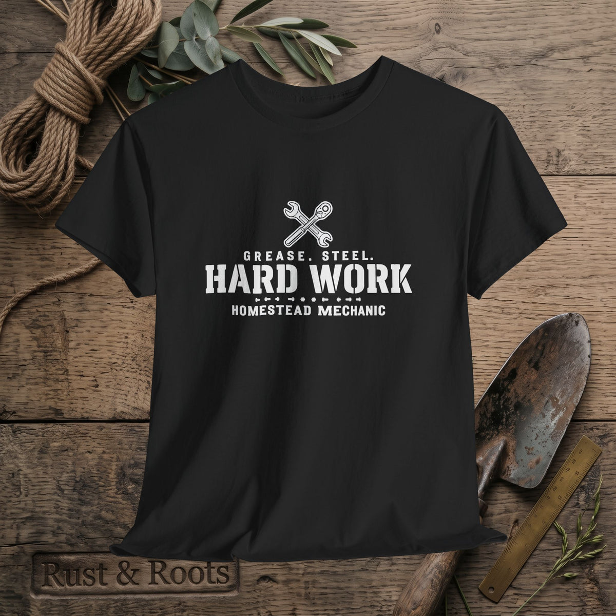 Hard Work Homestead Mechanic T‑Shirt — Grease, Steel Vintage Wrench Tee