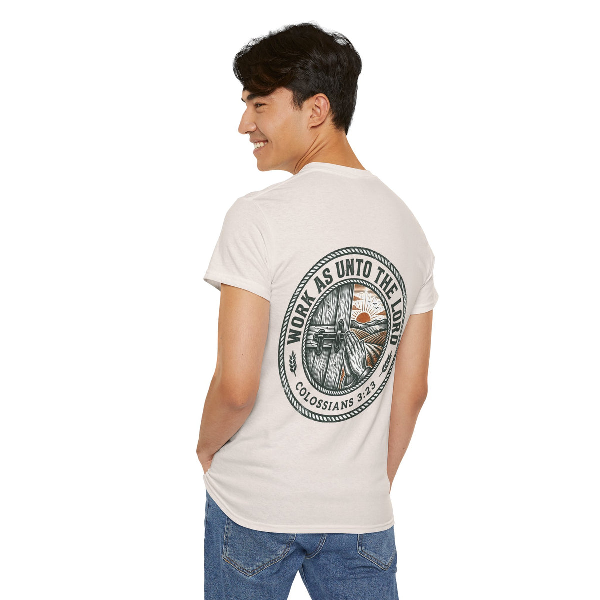 T-Shirt — “Work As Unto The Lord” Christian Faith Tee (Colossians 3:23)