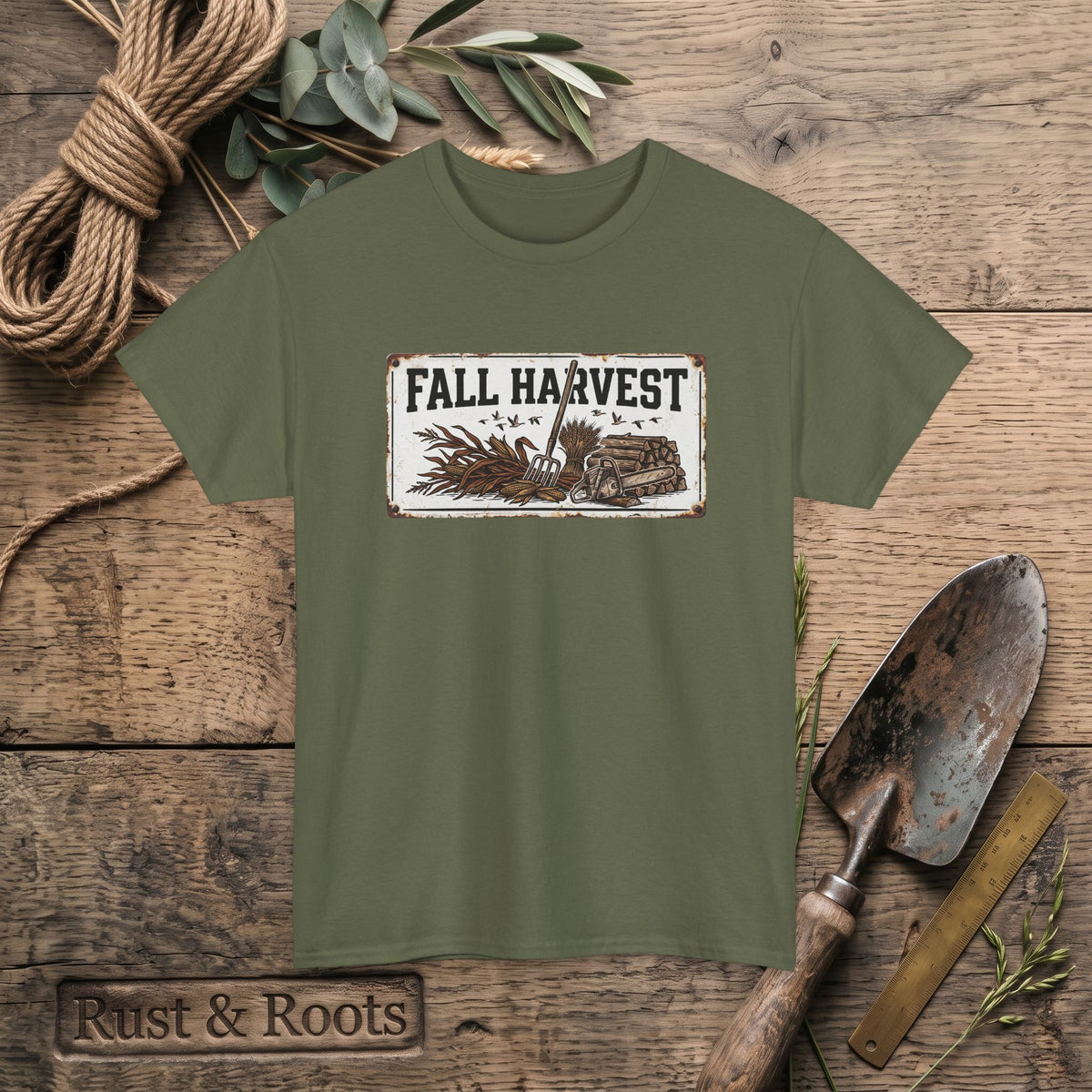 Fall Harvest Tee — Rustic Pumpkin & Scarecrow Autumn Farm Shirt