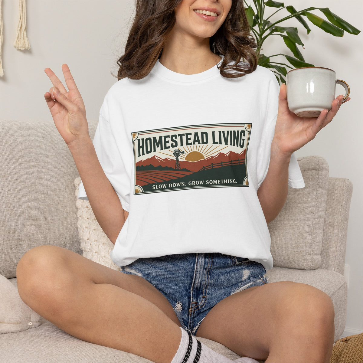 Homestead Living T-Shirt — 'Slow Down, Grow Something' Rustic Farm Tee