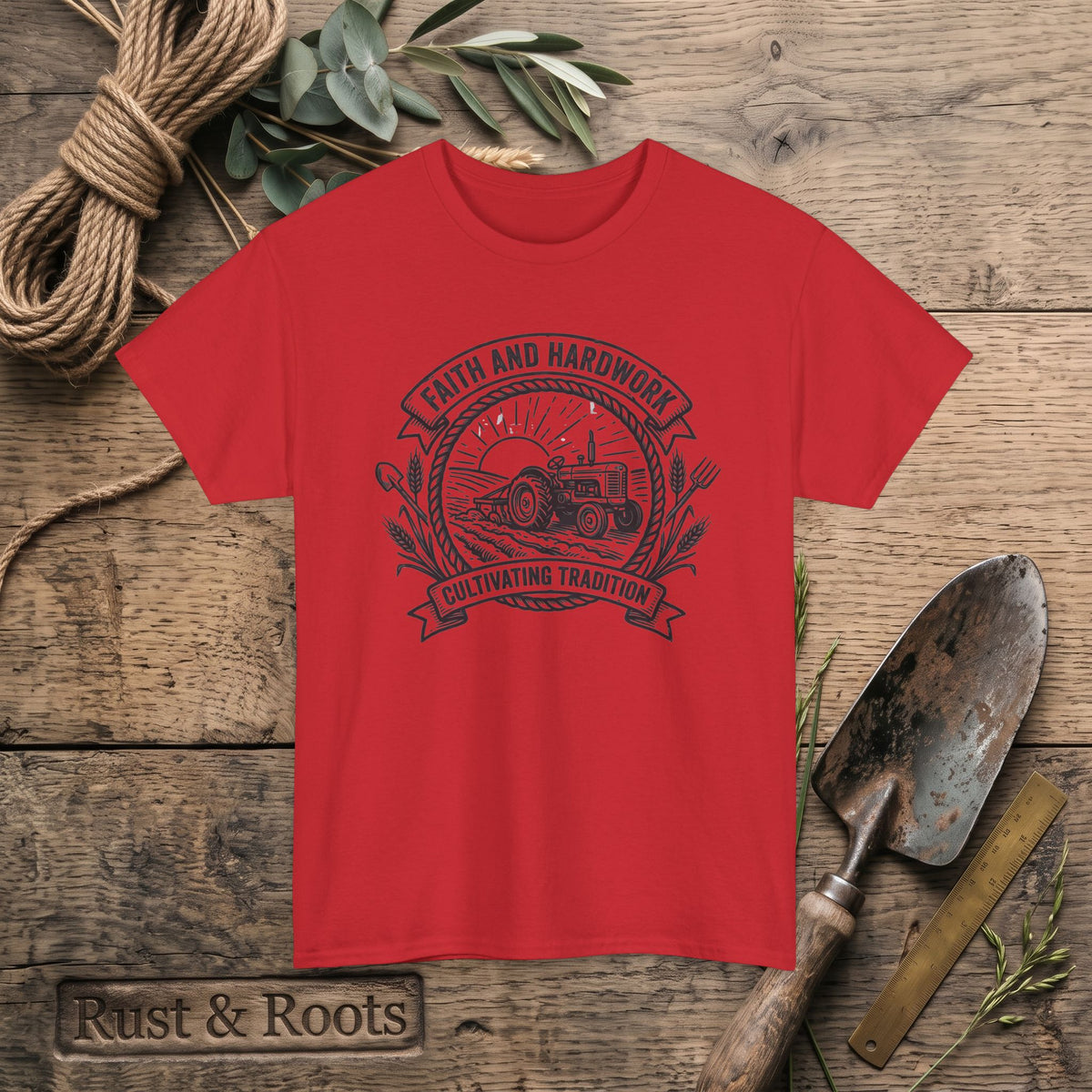 Tractor Farm Tee — "Faith and Hardwork, Cultivating Tradition" Vintage Farm Crew Shirt