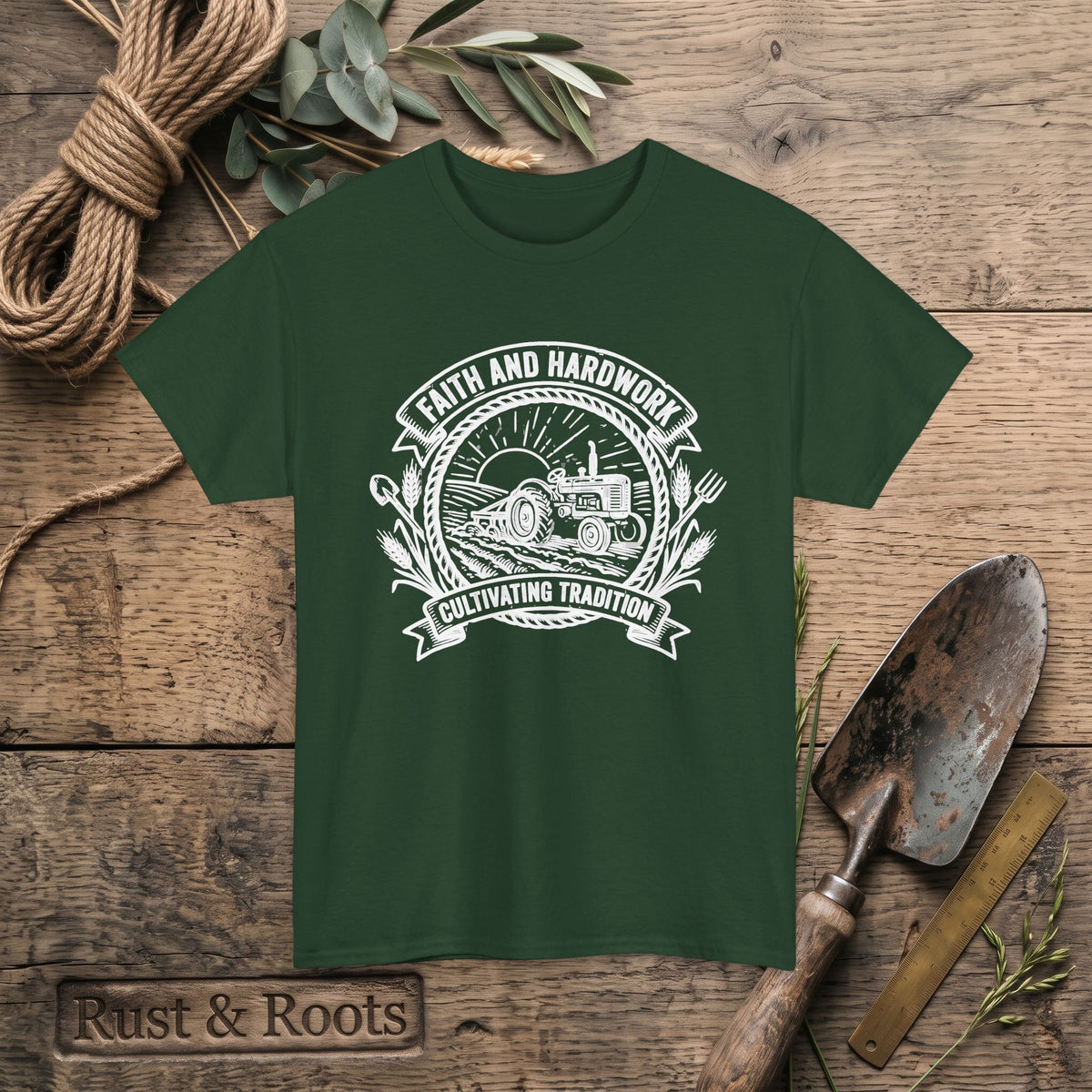 Tractor Farm Tee — "Faith and Hardwork, Cultivating Tradition" Vintage Farm Crew Shirt