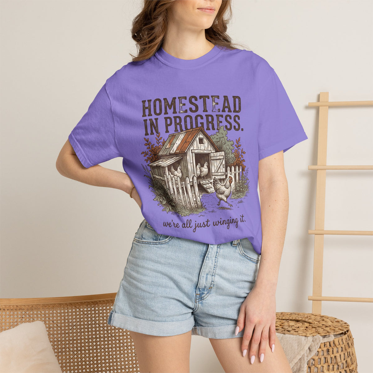 Homestead in Progress T-Shirt — "We’re All Just Winging It" Farmhouse Chicken Tee