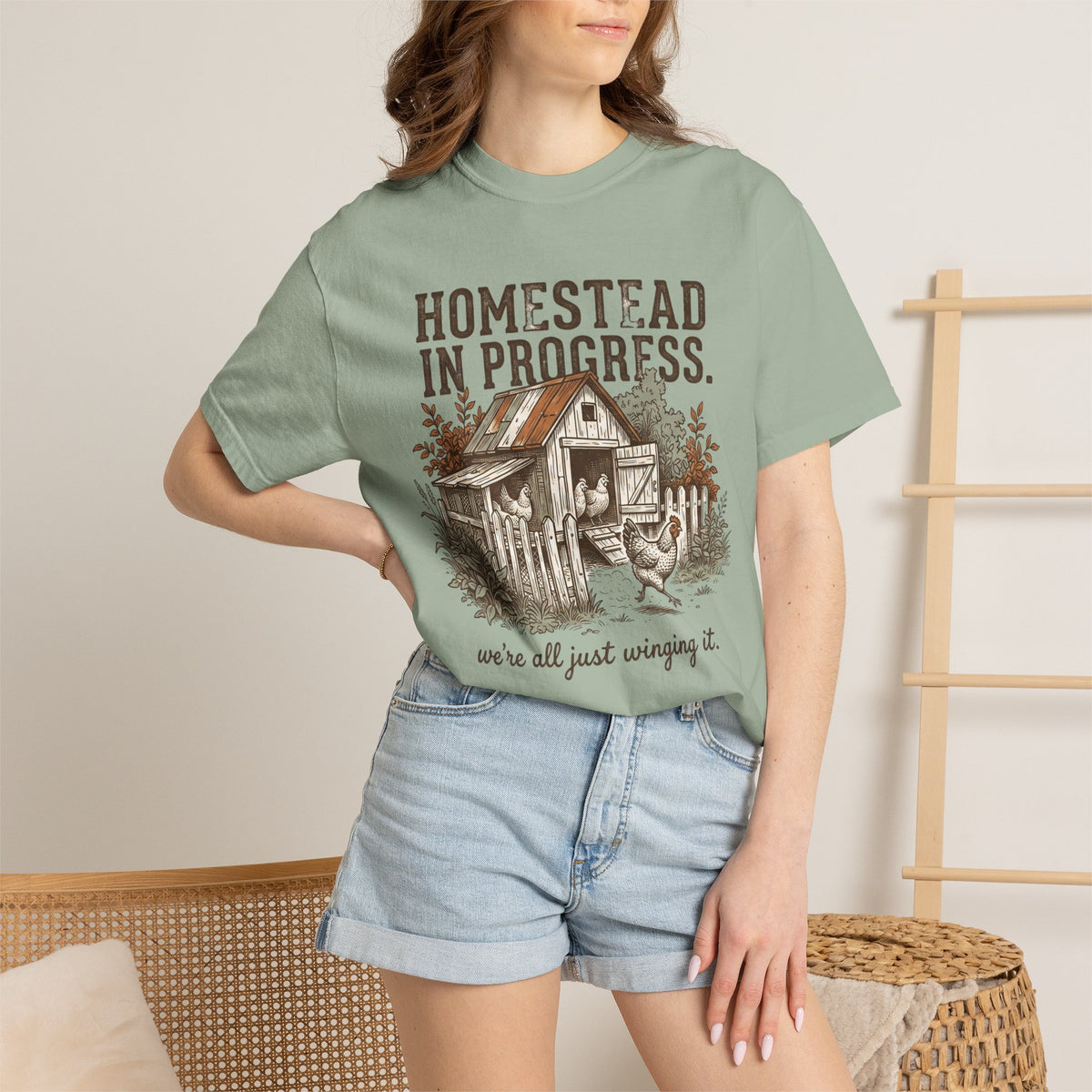Homestead in Progress T-Shirt — "We’re All Just Winging It" Farmhouse Chicken Tee