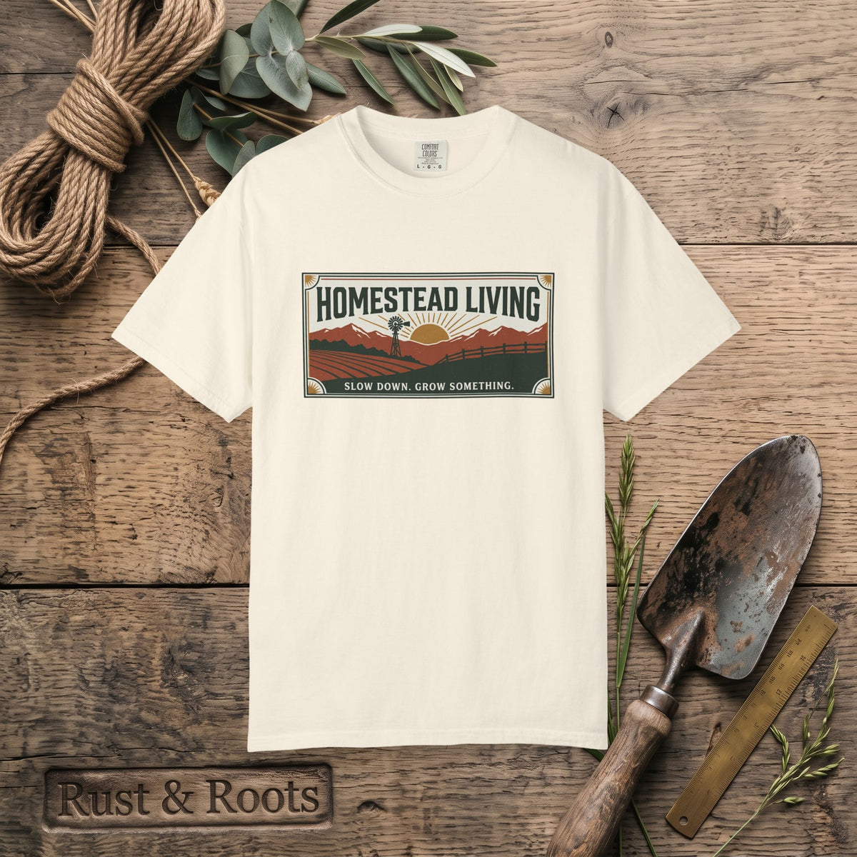Homestead Living T-Shirt — 'Slow Down, Grow Something' Rustic Farm Tee