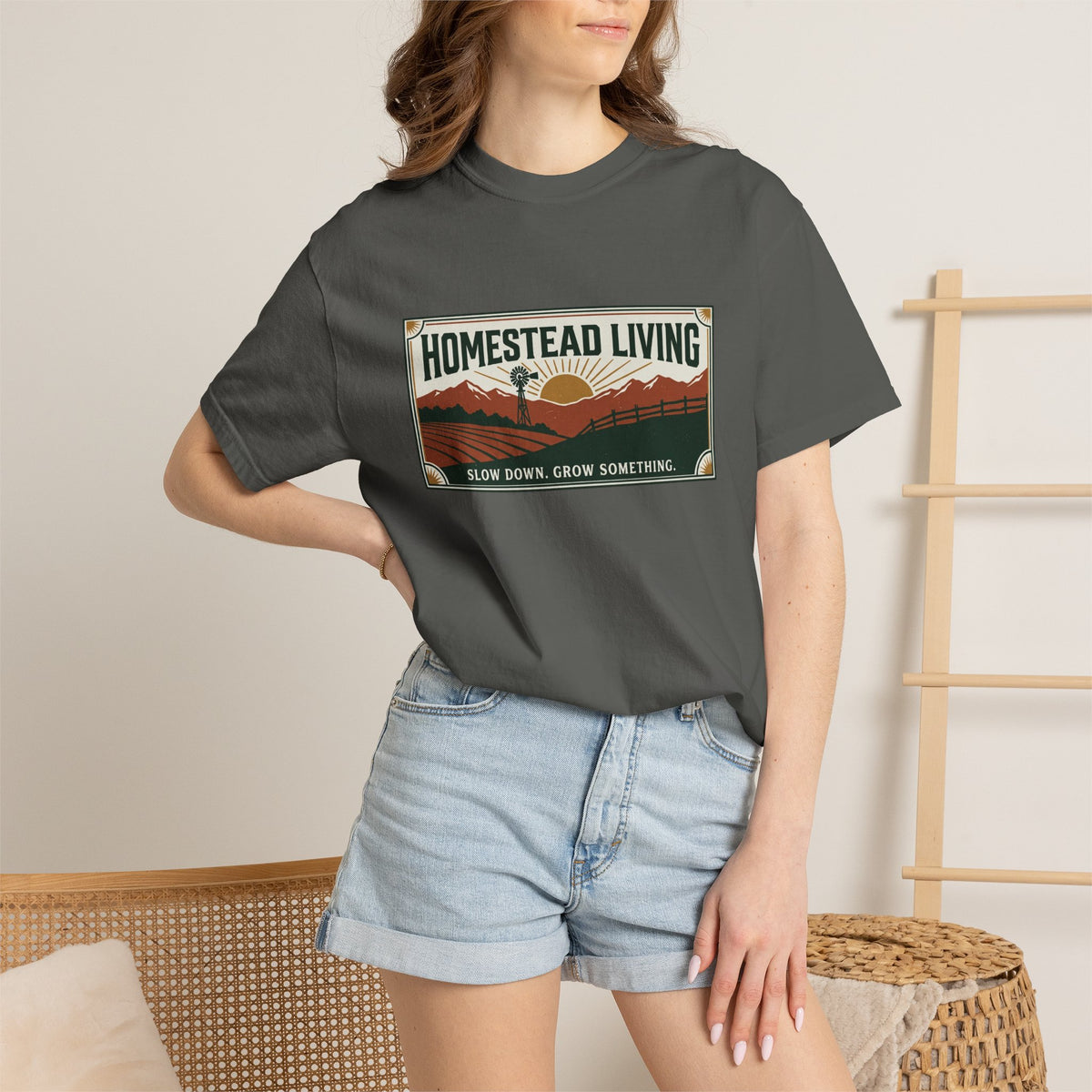 Homestead Living T-Shirt — 'Slow Down, Grow Something' Rustic Farm Tee