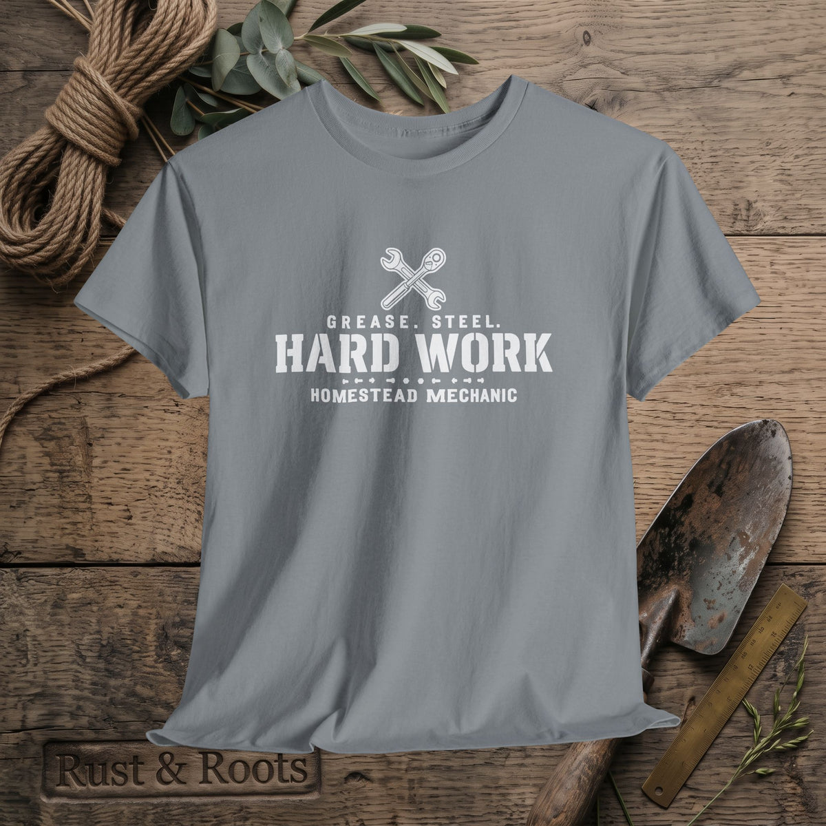 Hard Work Homestead Mechanic T‑Shirt — Grease, Steel Vintage Wrench Tee