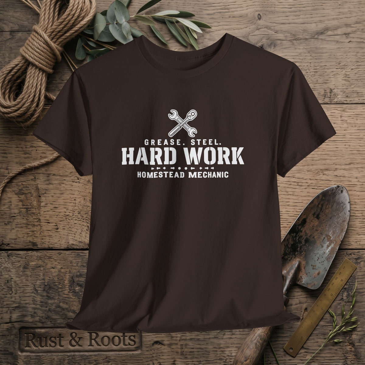 Hard Work Homestead Mechanic T‑Shirt — Grease, Steel Vintage Wrench Tee