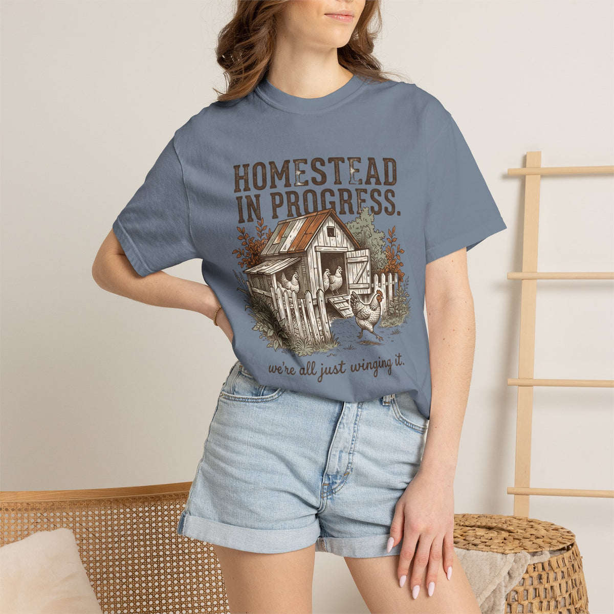 Homestead in Progress T-Shirt — "We’re All Just Winging It" Farmhouse Chicken Tee