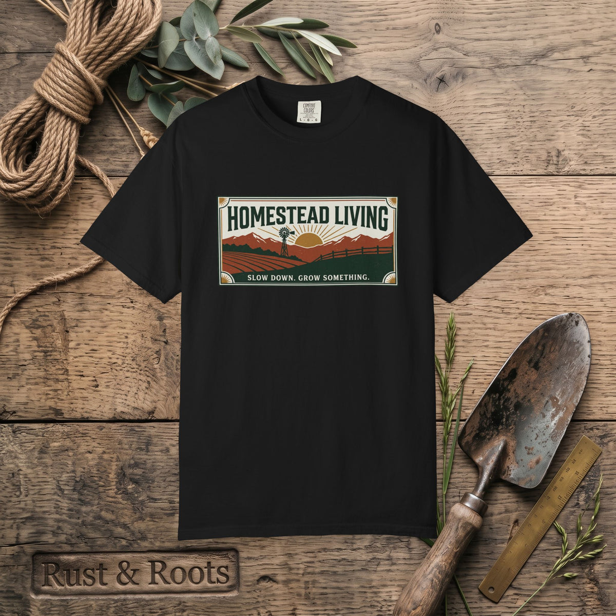 Homestead Living T-Shirt — 'Slow Down, Grow Something' Rustic Farm Tee