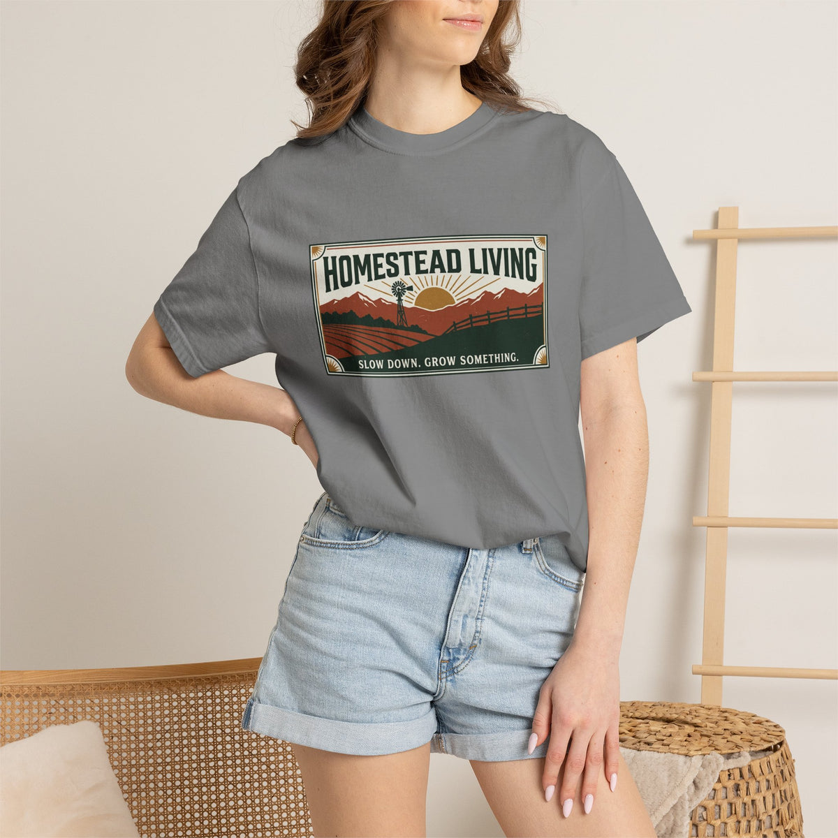 Homestead Living T-Shirt — 'Slow Down, Grow Something' Rustic Farm Tee