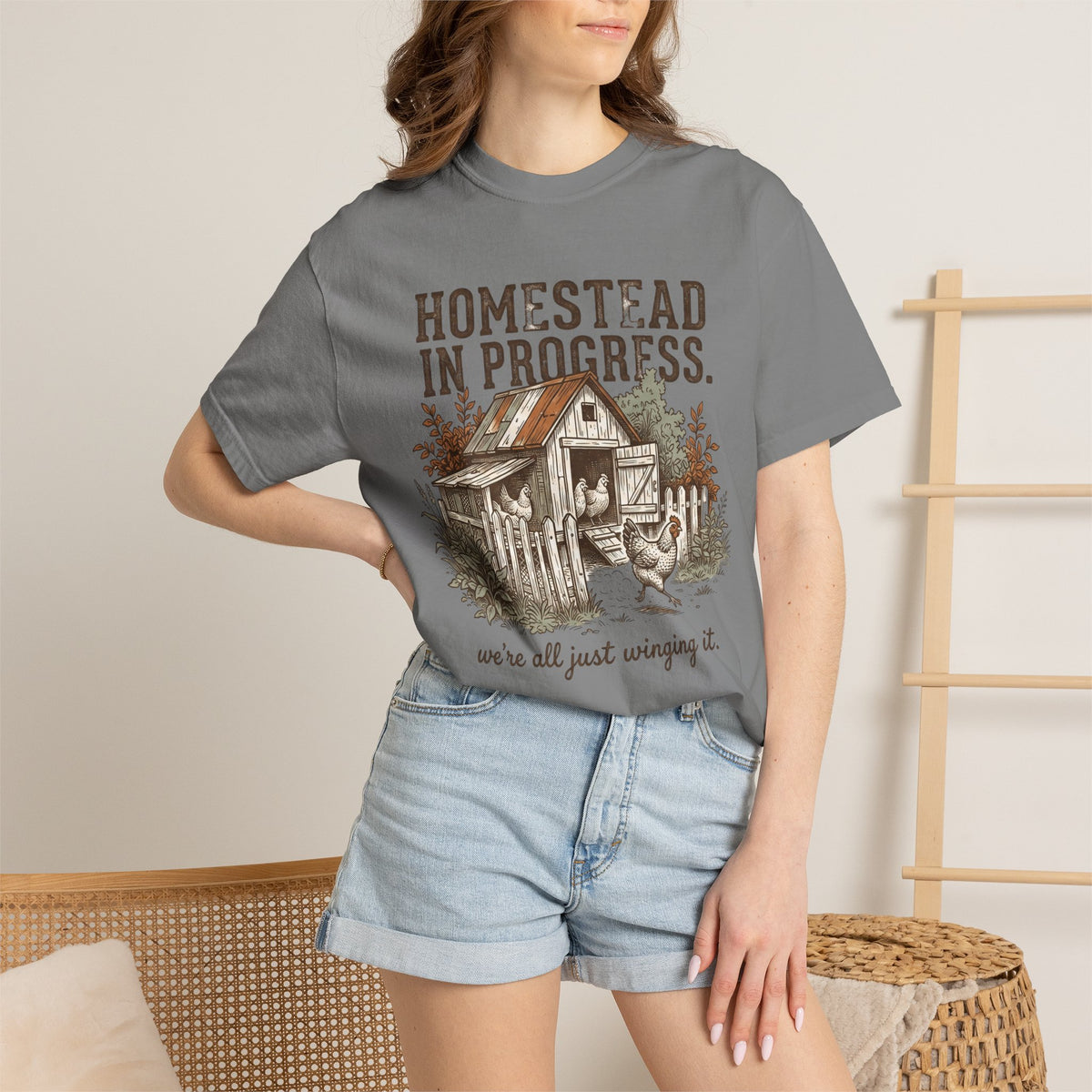 Homestead in Progress T-Shirt — "We’re All Just Winging It" Farmhouse Chicken Tee