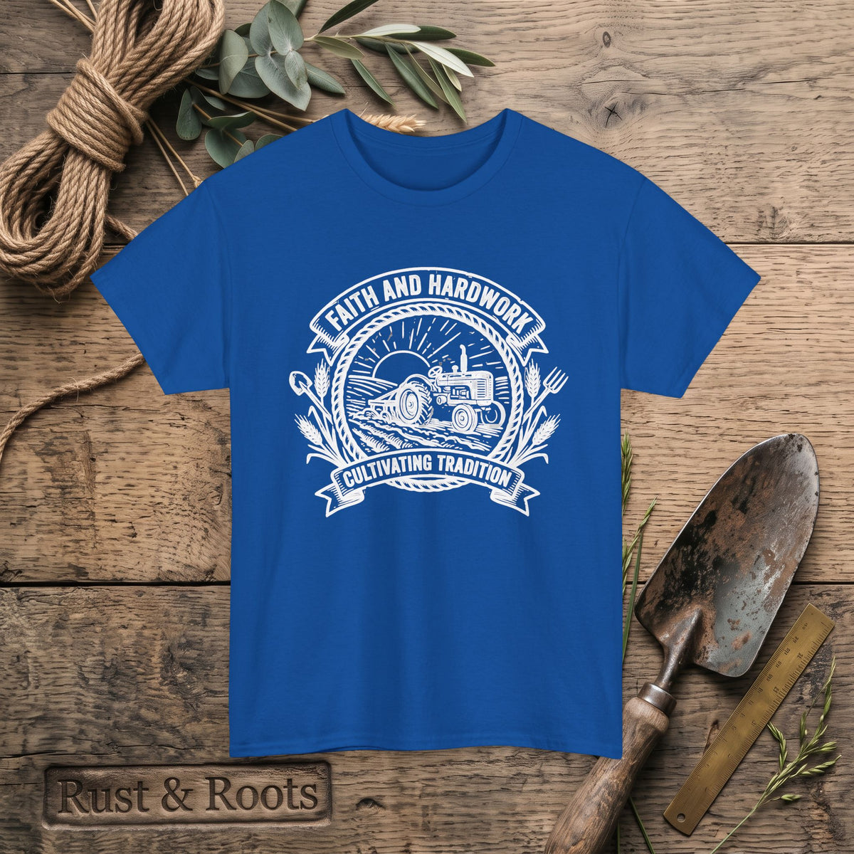Tractor Farm Tee — "Faith and Hardwork, Cultivating Tradition" Vintage Farm Crew Shirt