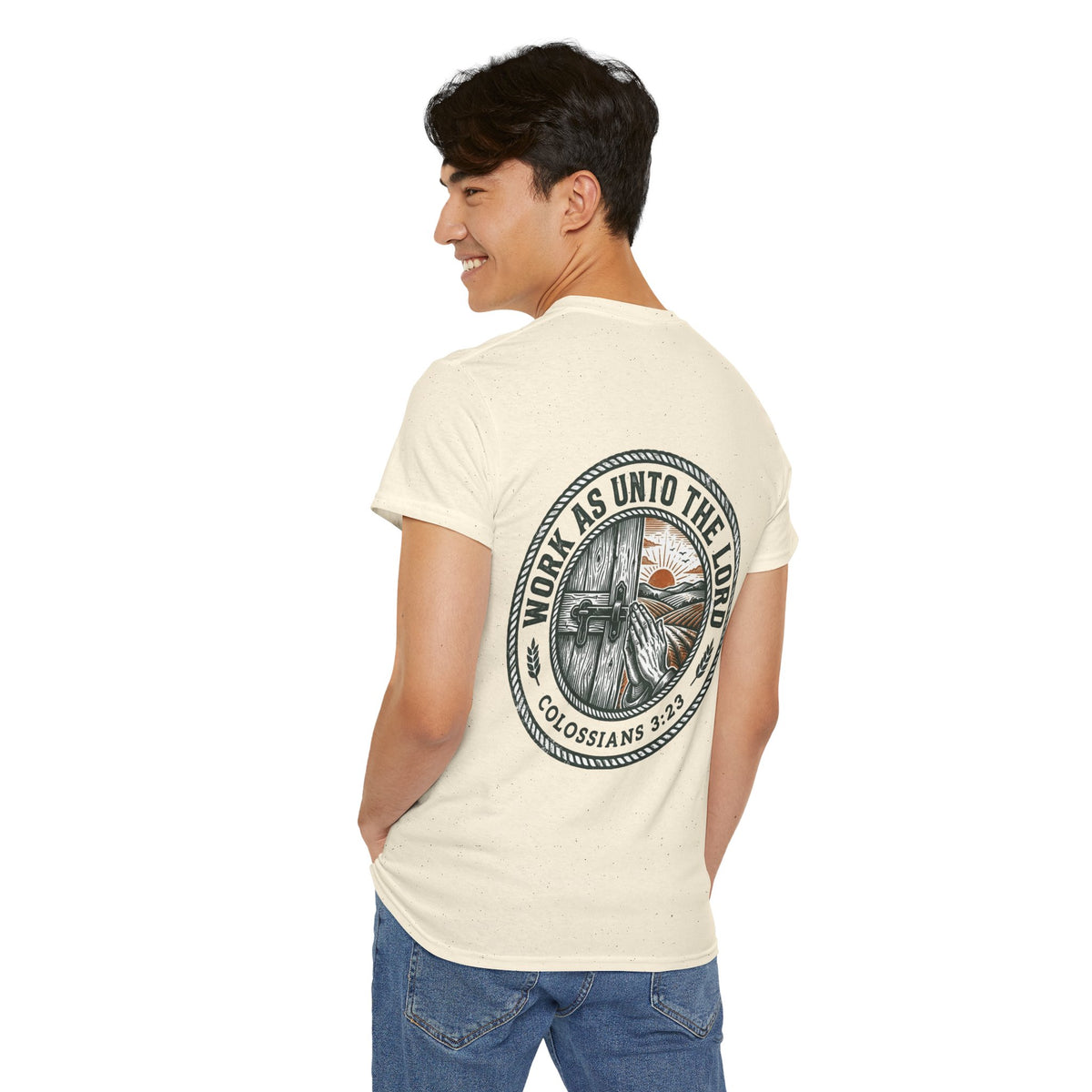 T-Shirt — “Work As Unto The Lord” Christian Faith Tee (Colossians 3:23)
