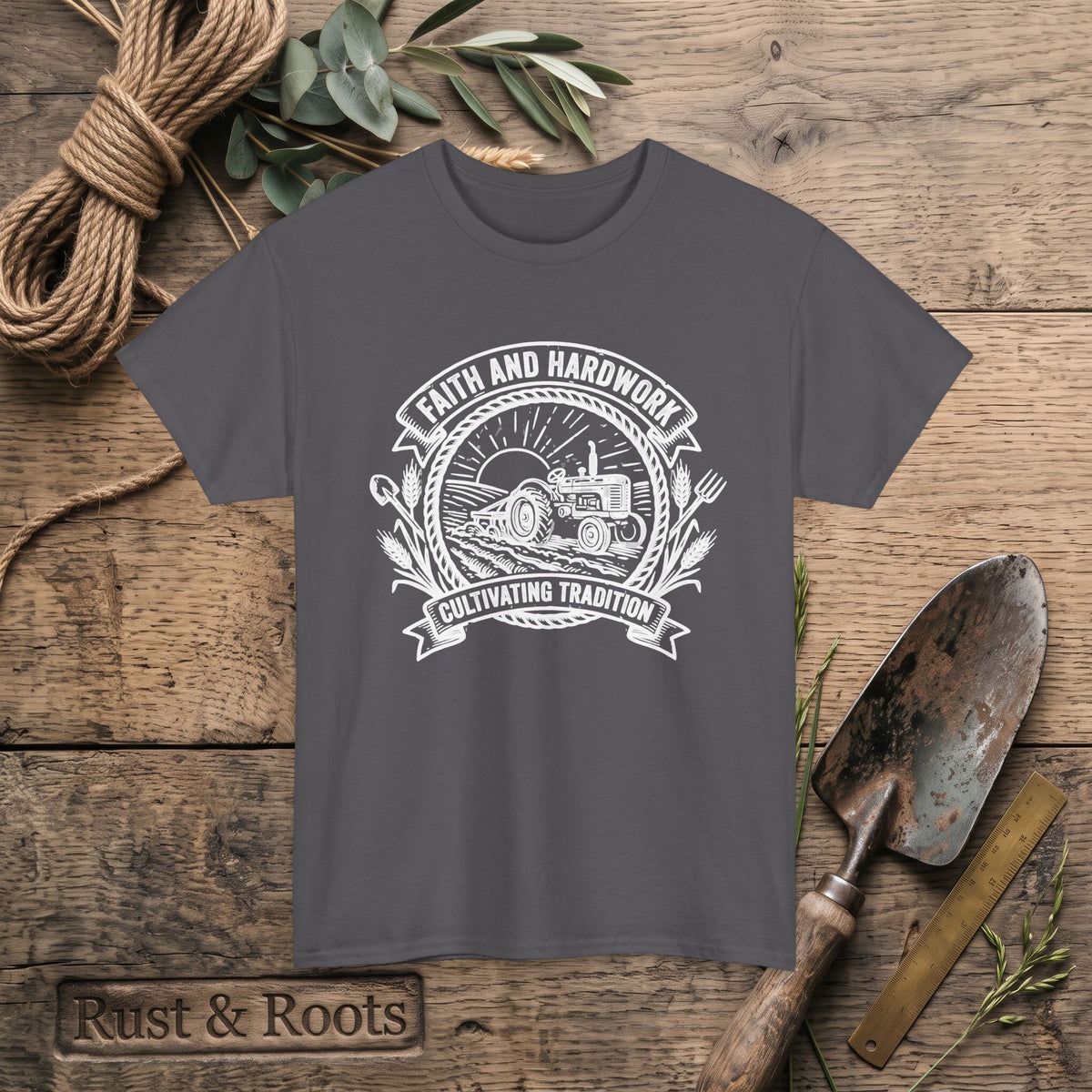 Tractor Farm Tee — "Faith and Hardwork, Cultivating Tradition" Vintage Farm Crew Shirt