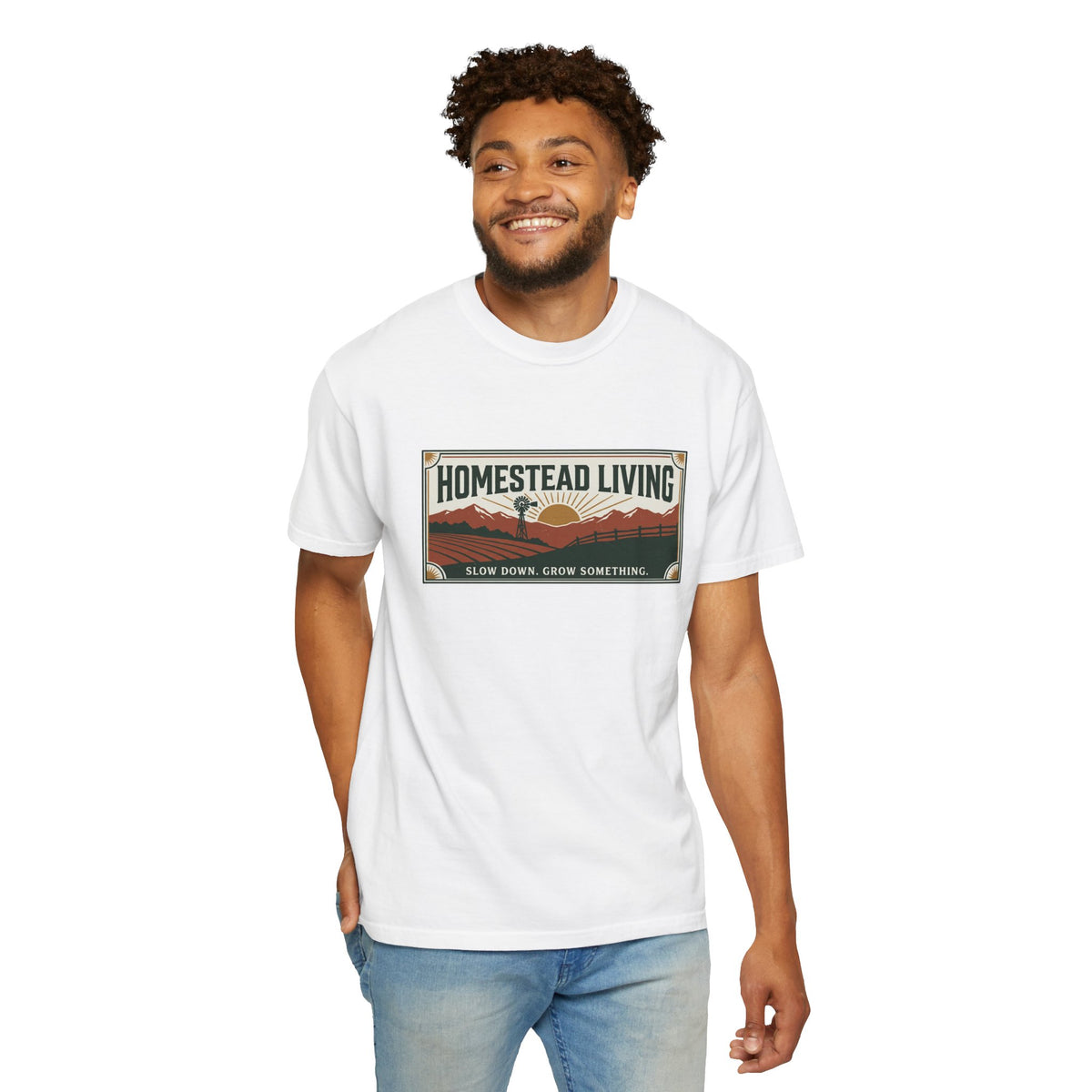 Homestead Living T-Shirt — 'Slow Down, Grow Something' Rustic Farm Tee