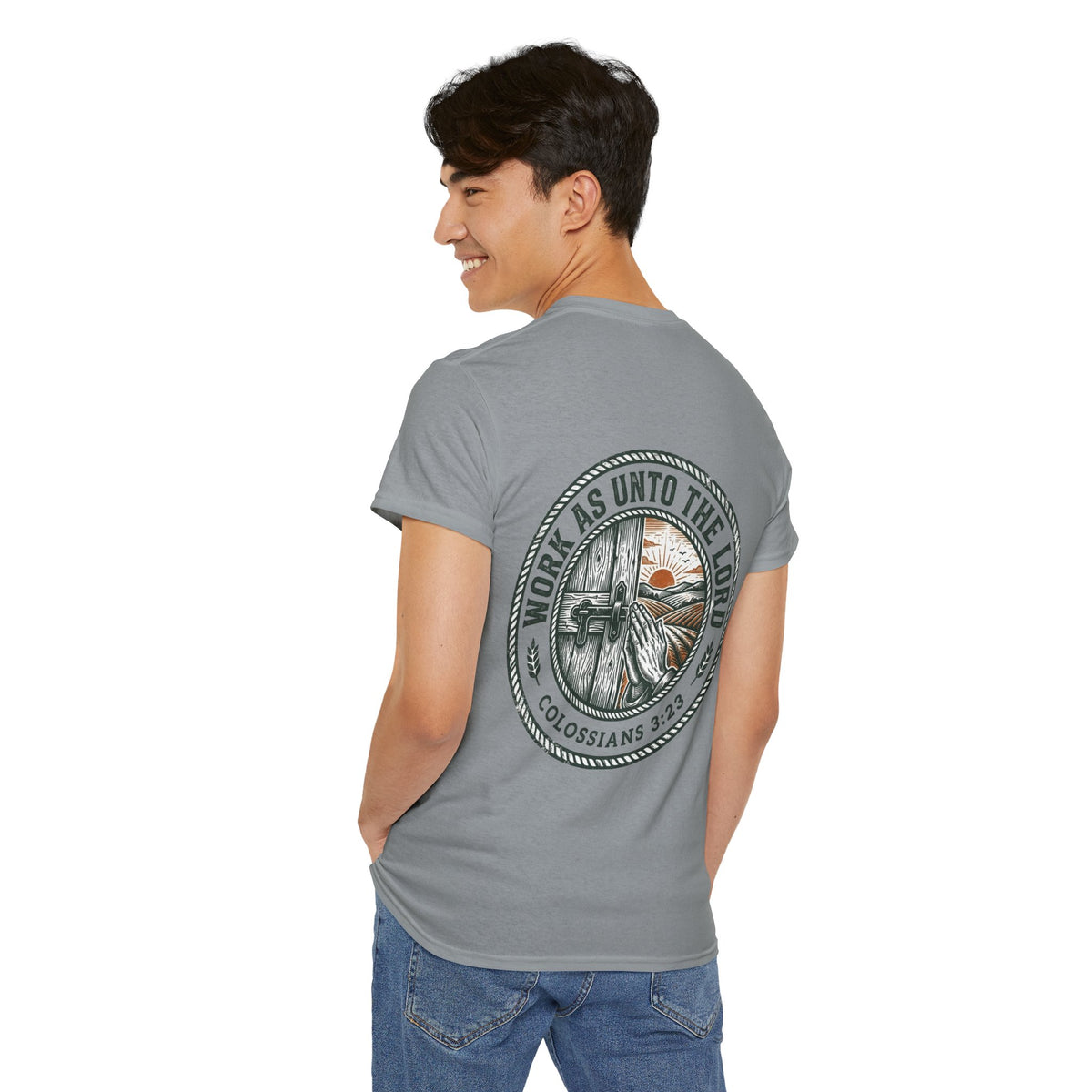 T-Shirt — “Work As Unto The Lord” Christian Faith Tee (Colossians 3:23)