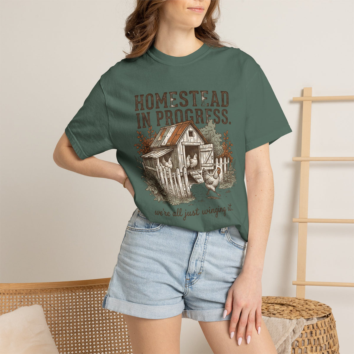Homestead in Progress T-Shirt — "We’re All Just Winging It" Farmhouse Chicken Tee