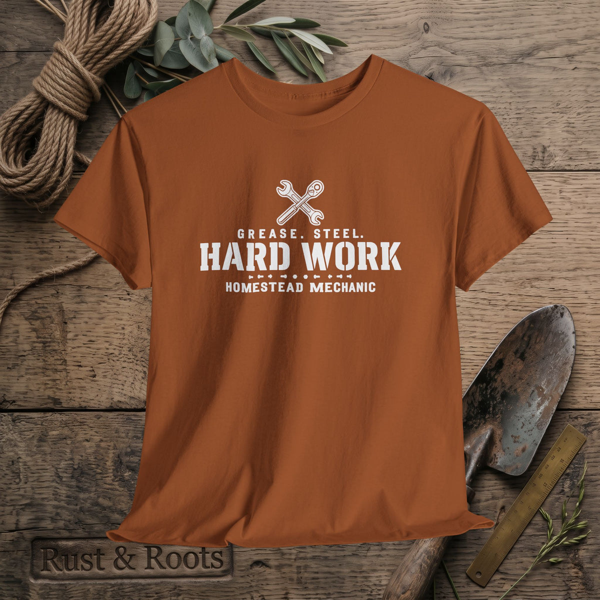 Hard Work Homestead Mechanic T‑Shirt — Grease, Steel Vintage Wrench Tee