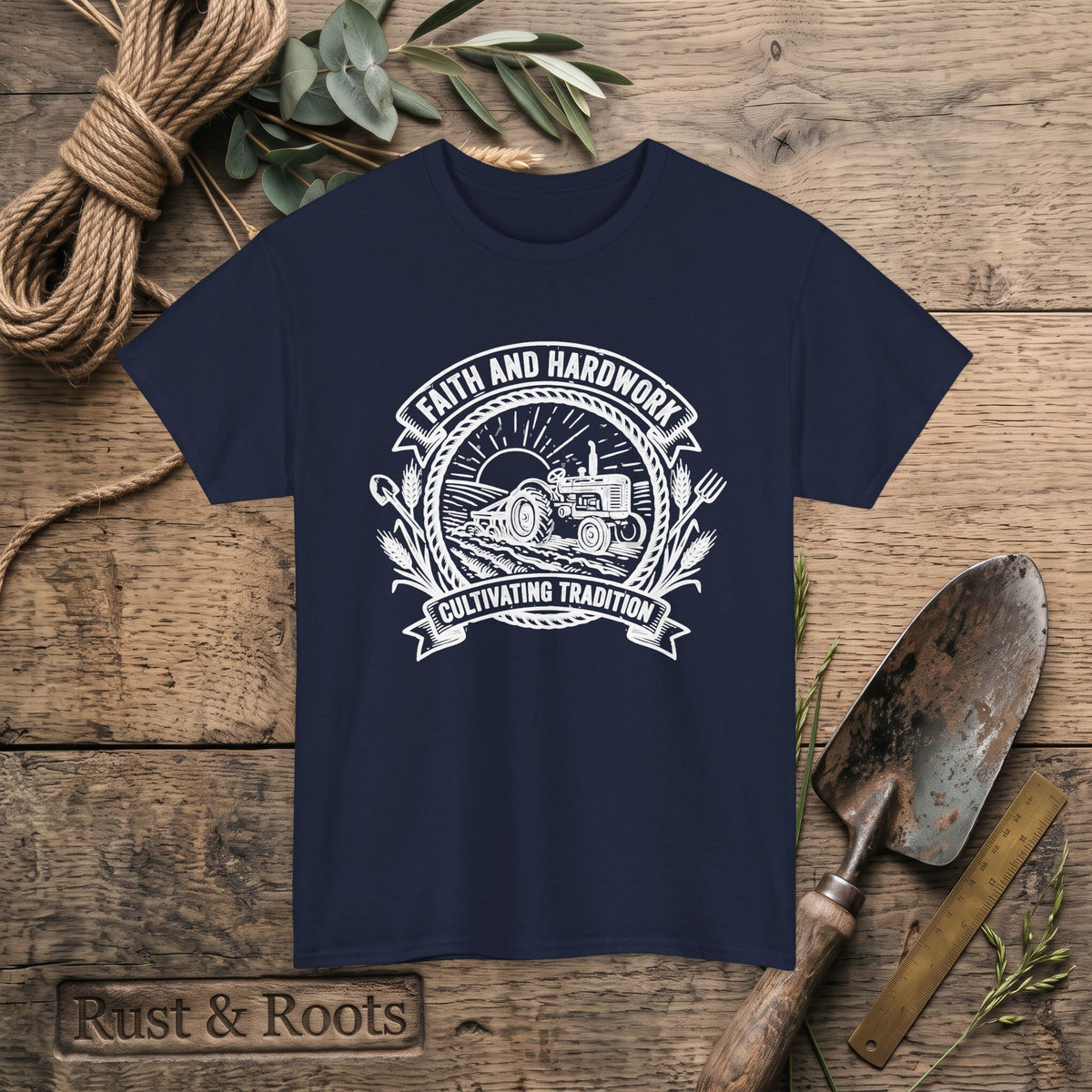 Tractor Farm Tee — "Faith and Hardwork, Cultivating Tradition" Vintage Farm Crew Shirt