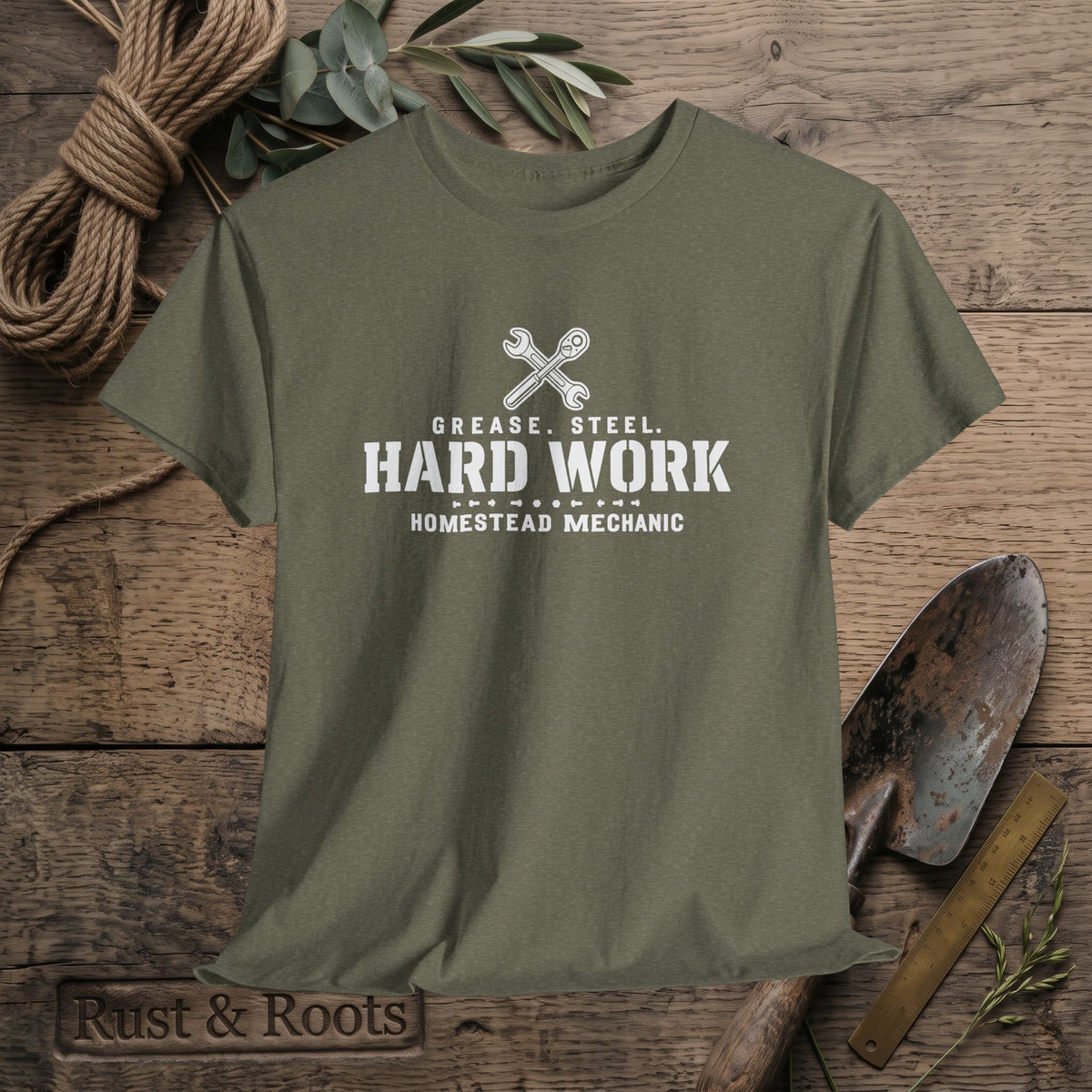 Hard Work Homestead Mechanic T‑Shirt — Grease, Steel Vintage Wrench Tee