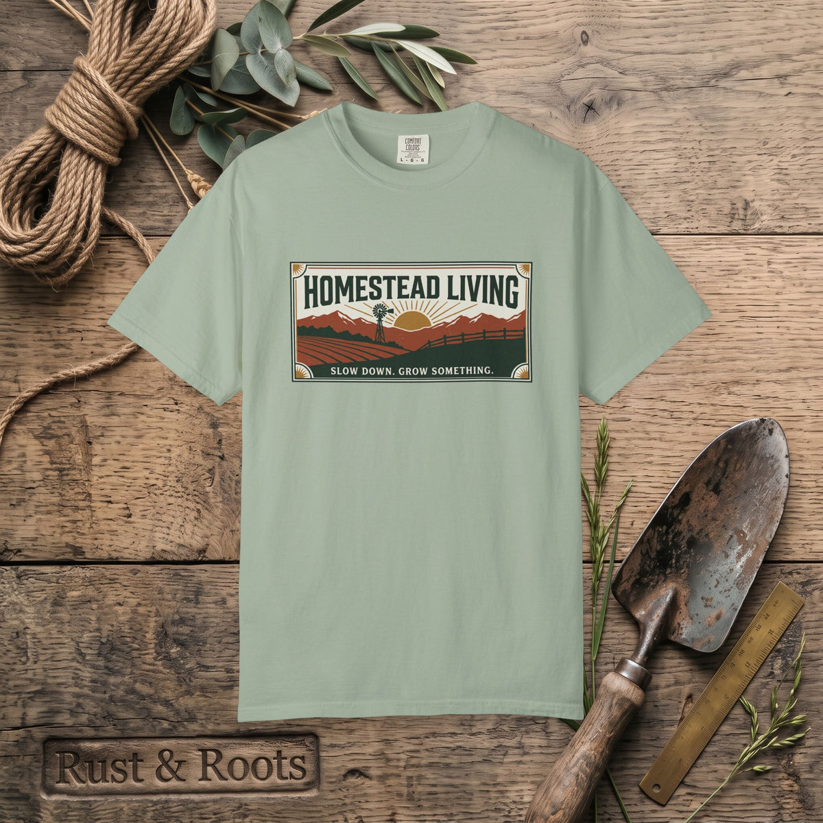 Homestead Living T-Shirt — 'Slow Down, Grow Something' Rustic Farm Tee