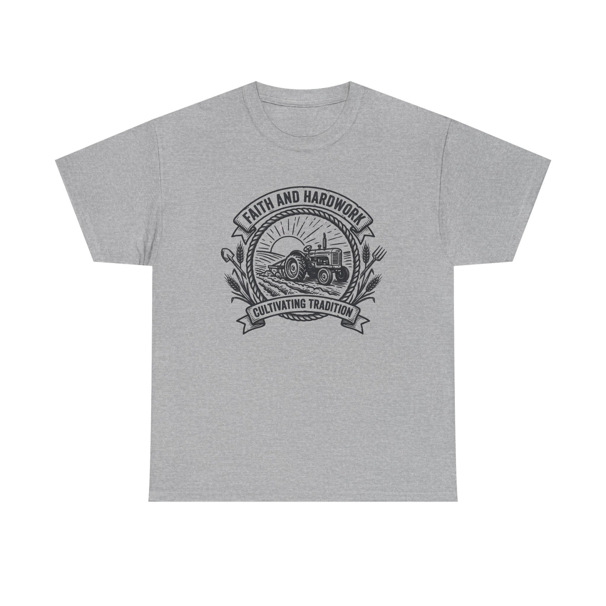 Tractor Farm Tee — "Faith and Hardwork, Cultivating Tradition" Vintage Farm Crew Shirt