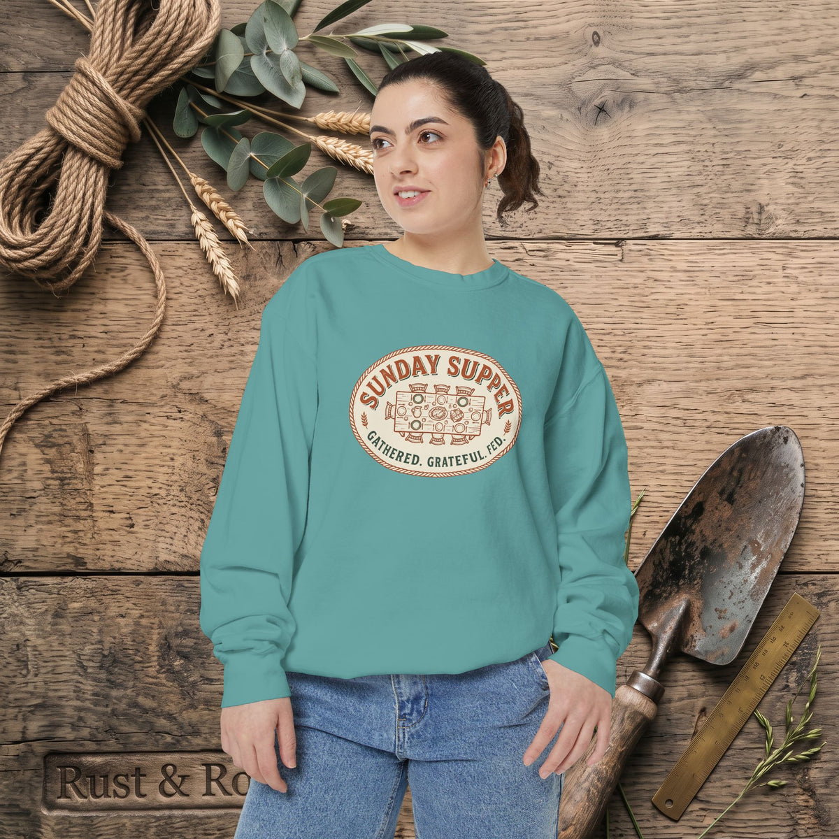 Sunday Supper Sweatshirt - Gathered Grateful Fed Family Meal Crewneck
