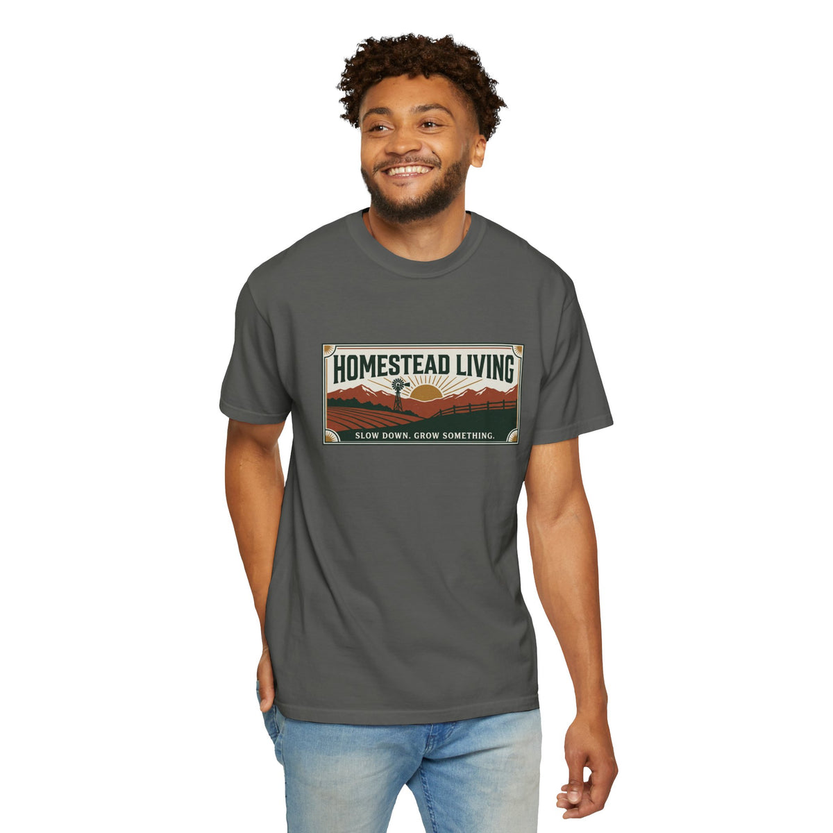 Homestead Living T-Shirt — 'Slow Down, Grow Something' Rustic Farm Tee