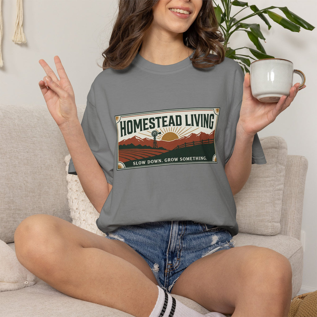 Homestead Living T-Shirt — 'Slow Down, Grow Something' Rustic Farm Tee