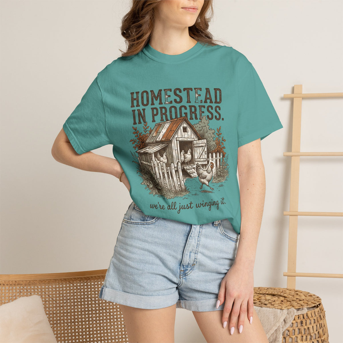 Homestead in Progress T-Shirt — "We’re All Just Winging It" Farmhouse Chicken Tee