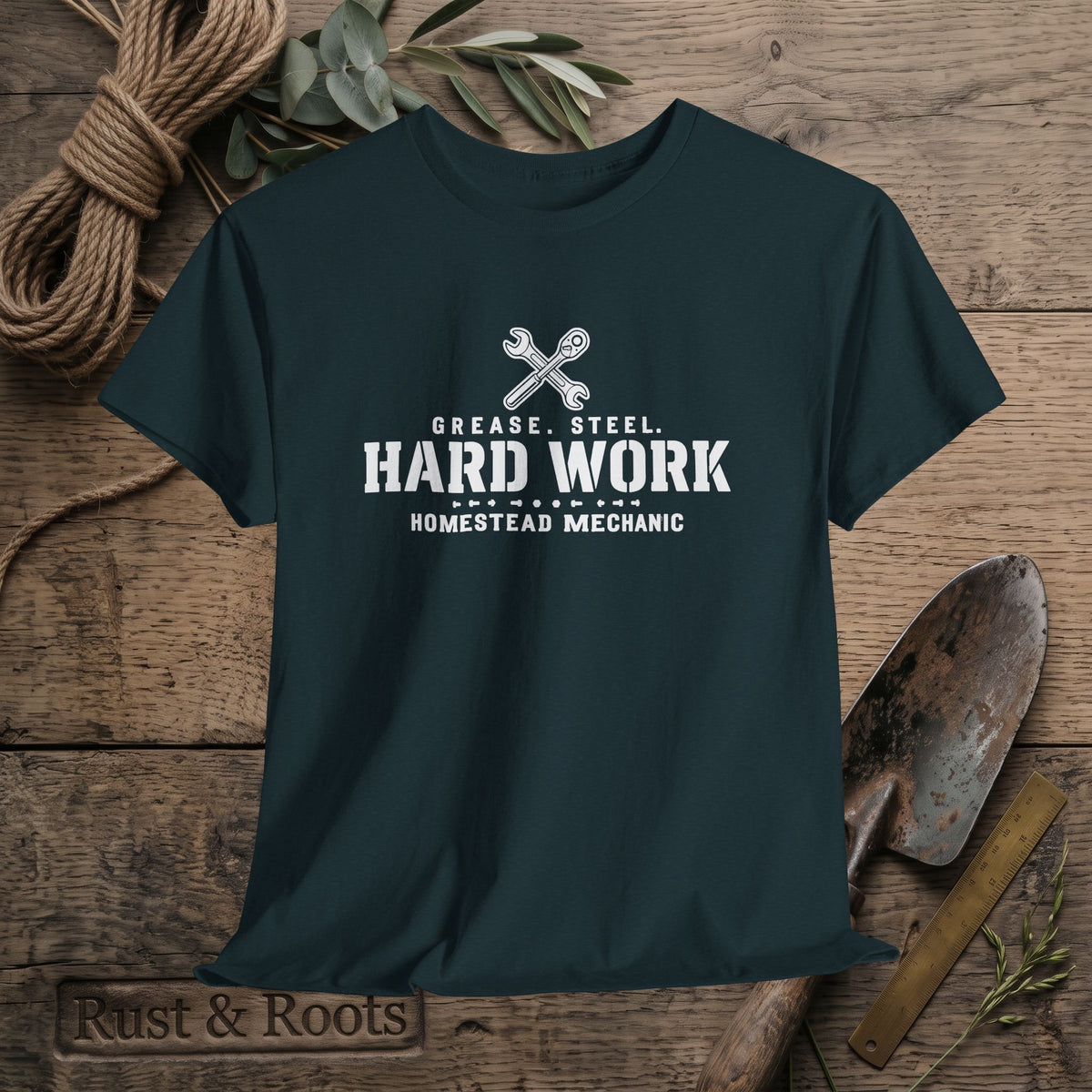 Hard Work Homestead Mechanic T‑Shirt — Grease, Steel Vintage Wrench Tee