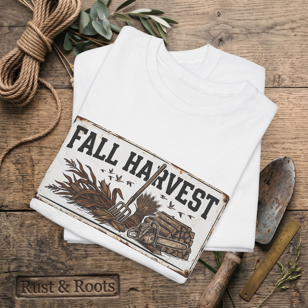 Fall Harvest Tee — Rustic Pumpkin & Scarecrow Autumn Farm Shirt