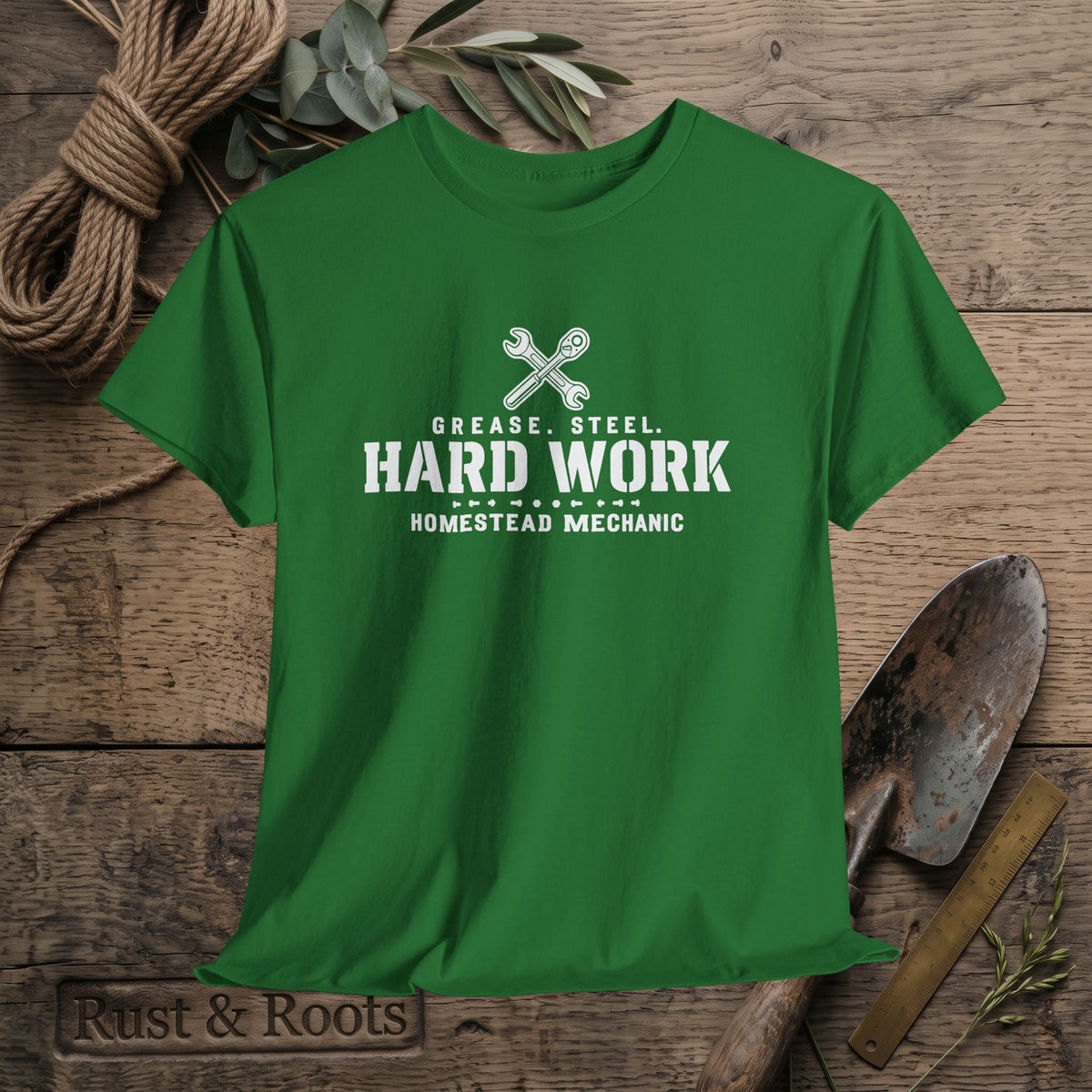 Hard Work Homestead Mechanic T‑Shirt — Grease, Steel Vintage Wrench Tee