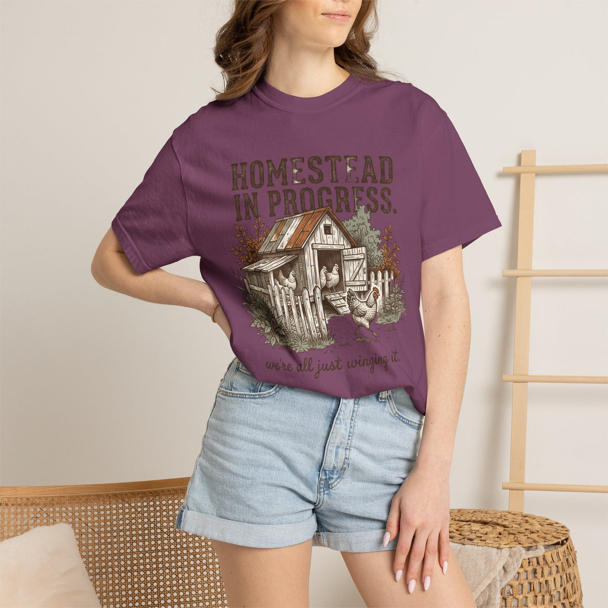 Homestead in Progress T-Shirt — "We’re All Just Winging It" Farmhouse Chicken Tee