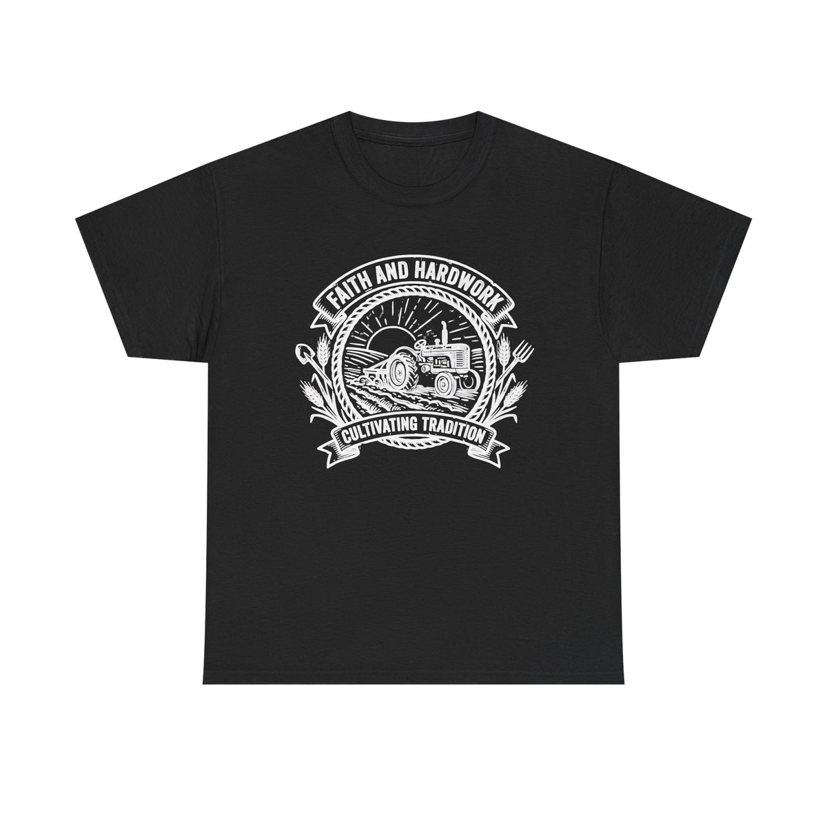 Tractor Farm Tee — "Faith and Hardwork, Cultivating Tradition" Vintage Farm Crew Shirt
