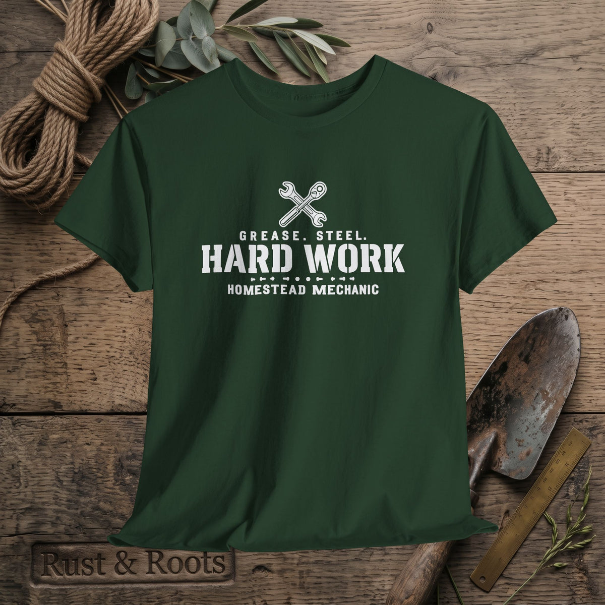 Hard Work Homestead Mechanic T‑Shirt — Grease, Steel Vintage Wrench Tee
