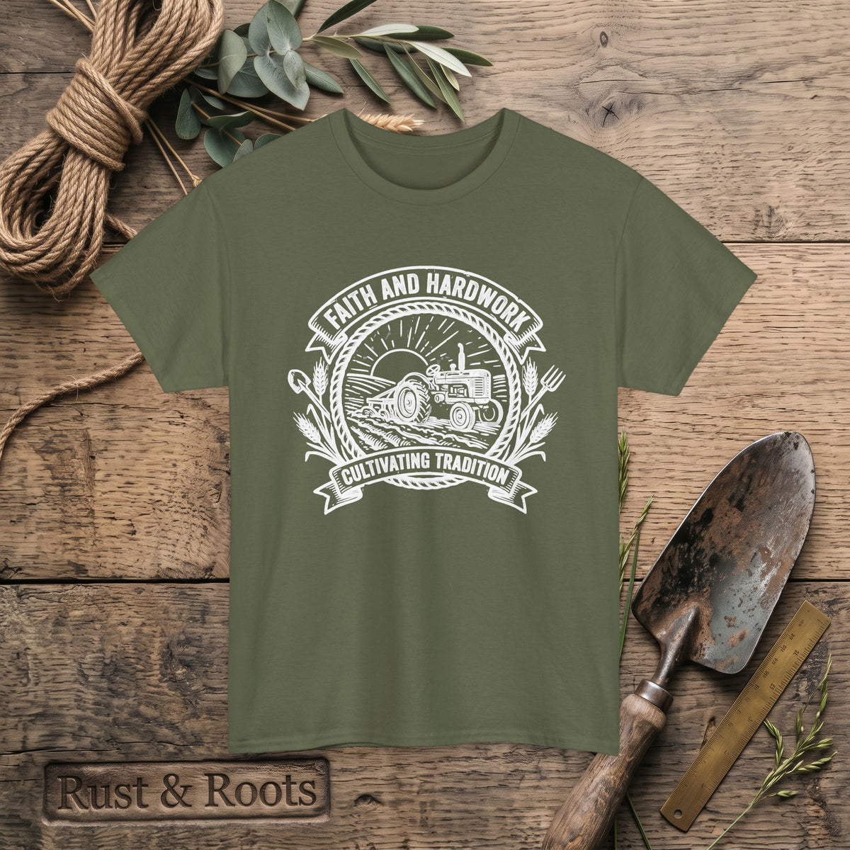 Tractor Farm Tee — "Faith and Hardwork, Cultivating Tradition" Vintage Farm Crew Shirt
