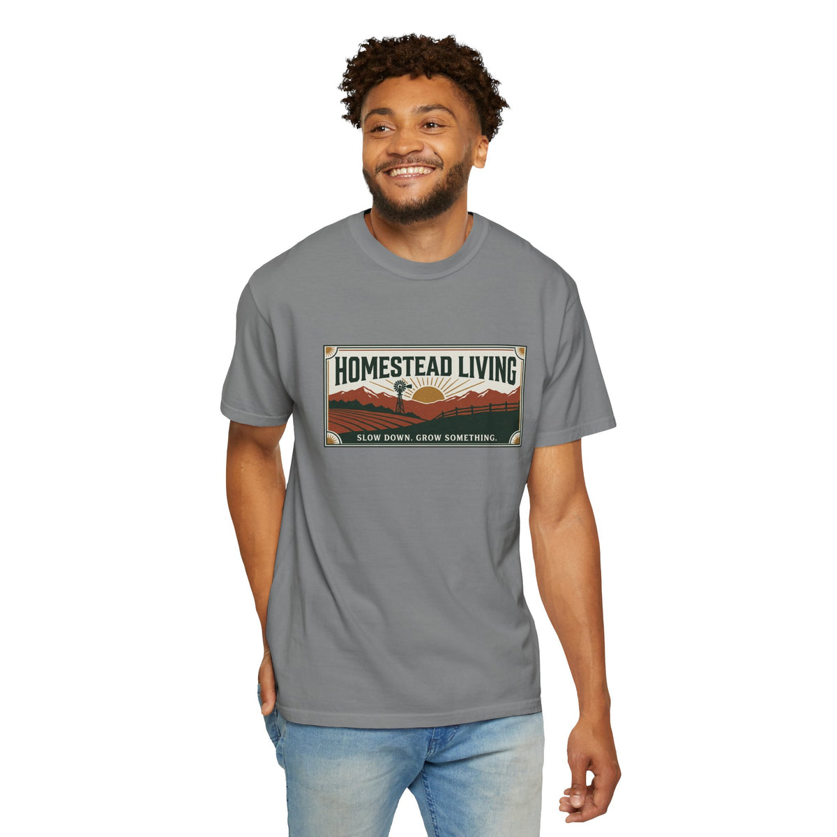 Homestead Living T-Shirt — 'Slow Down, Grow Something' Rustic Farm Tee