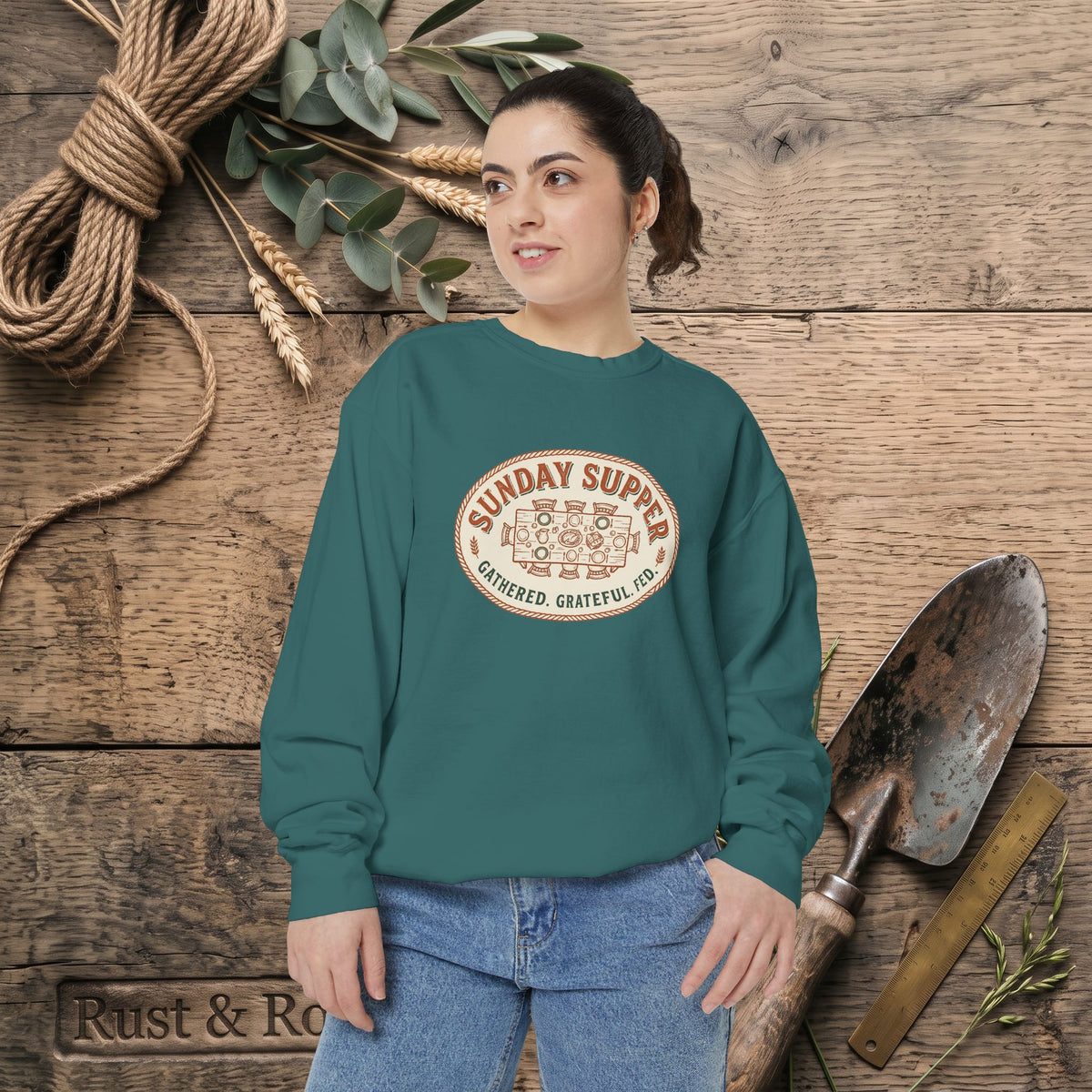 Sunday Supper Sweatshirt - Gathered Grateful Fed Family Meal Crewneck
